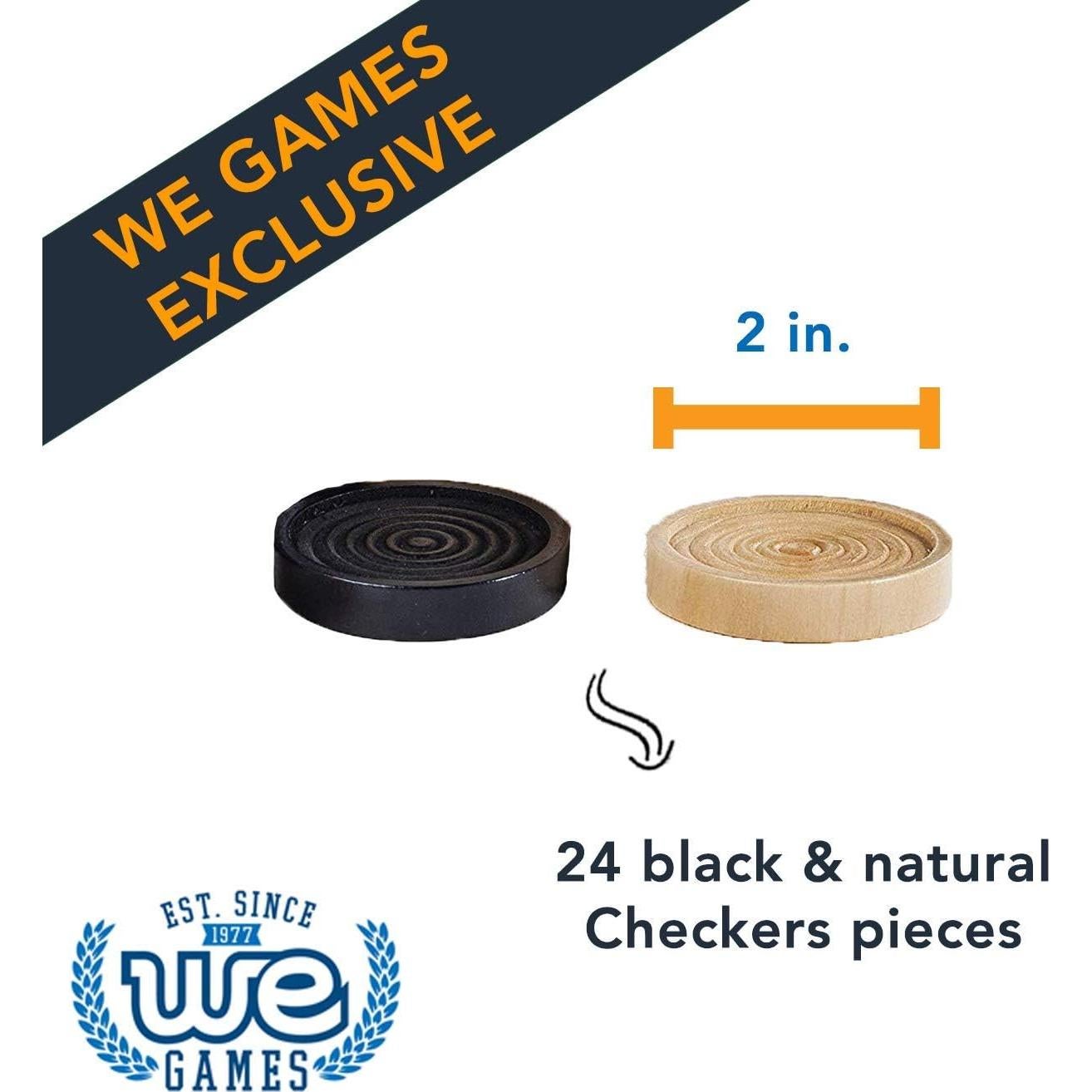 WE Games Wooden Checkers Pieces Only (2 inch), Checker Board Game & Backgammon Pieces, 24 Natural and Black Stained Stackable Ridges with a Drawstring Storage Bag, Replacement Game Piece