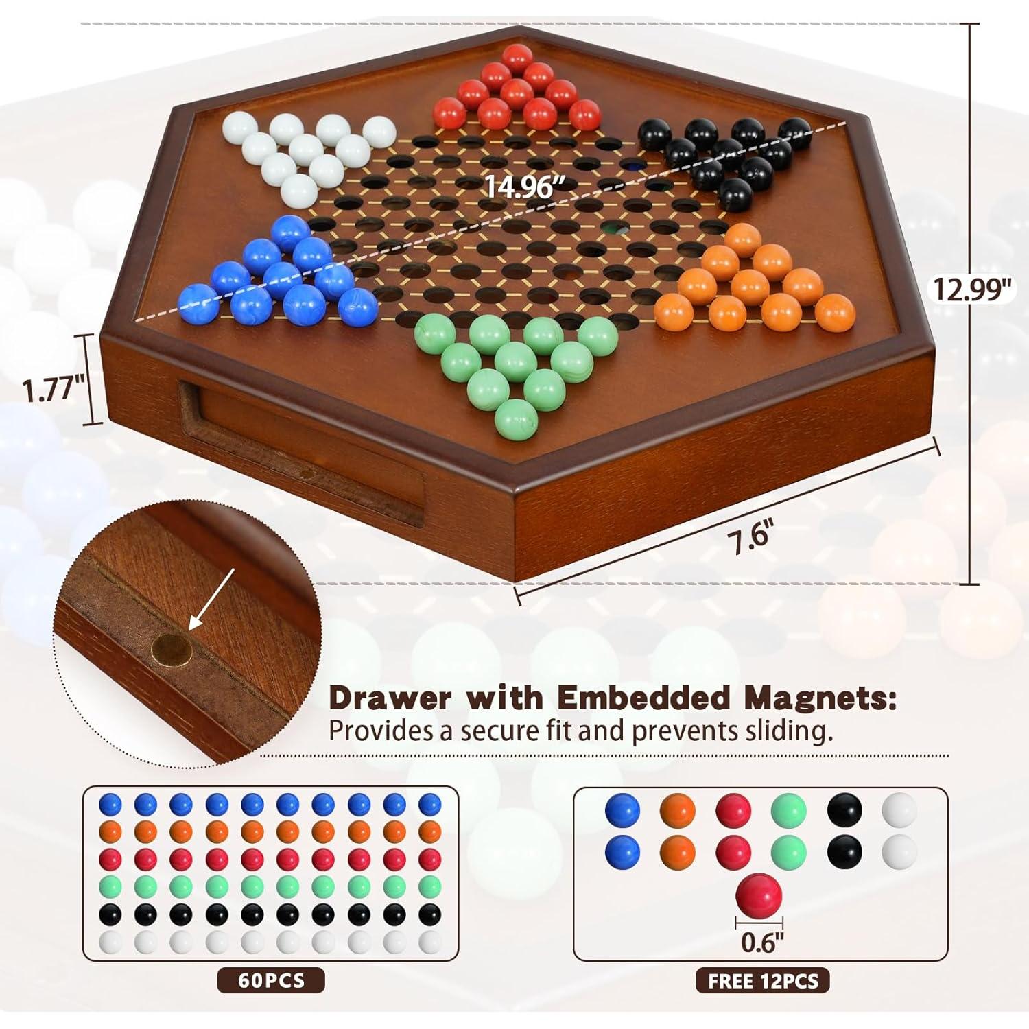Juego de Damas Chinas de Madera XJmil 38.1 cm con Canicas de Vidrio