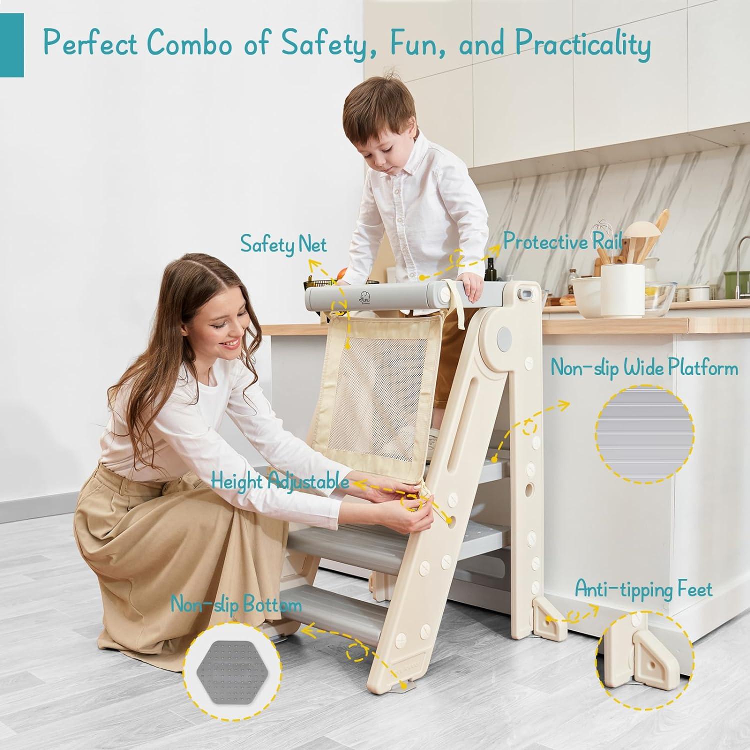 Torre Plegable para Niños Forbena, Taburete Ajustable Gris