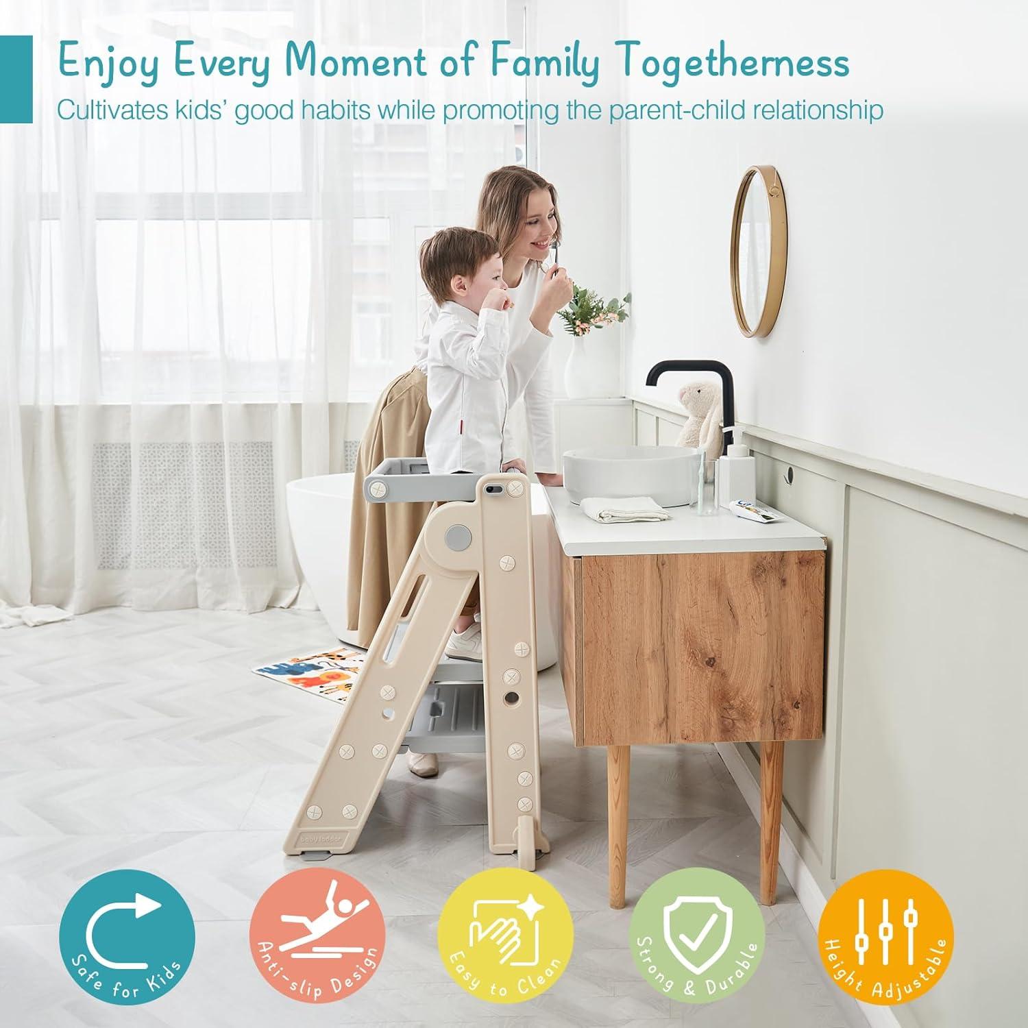 Torre Plegable para Niños Forbena, Taburete Ajustable Gris