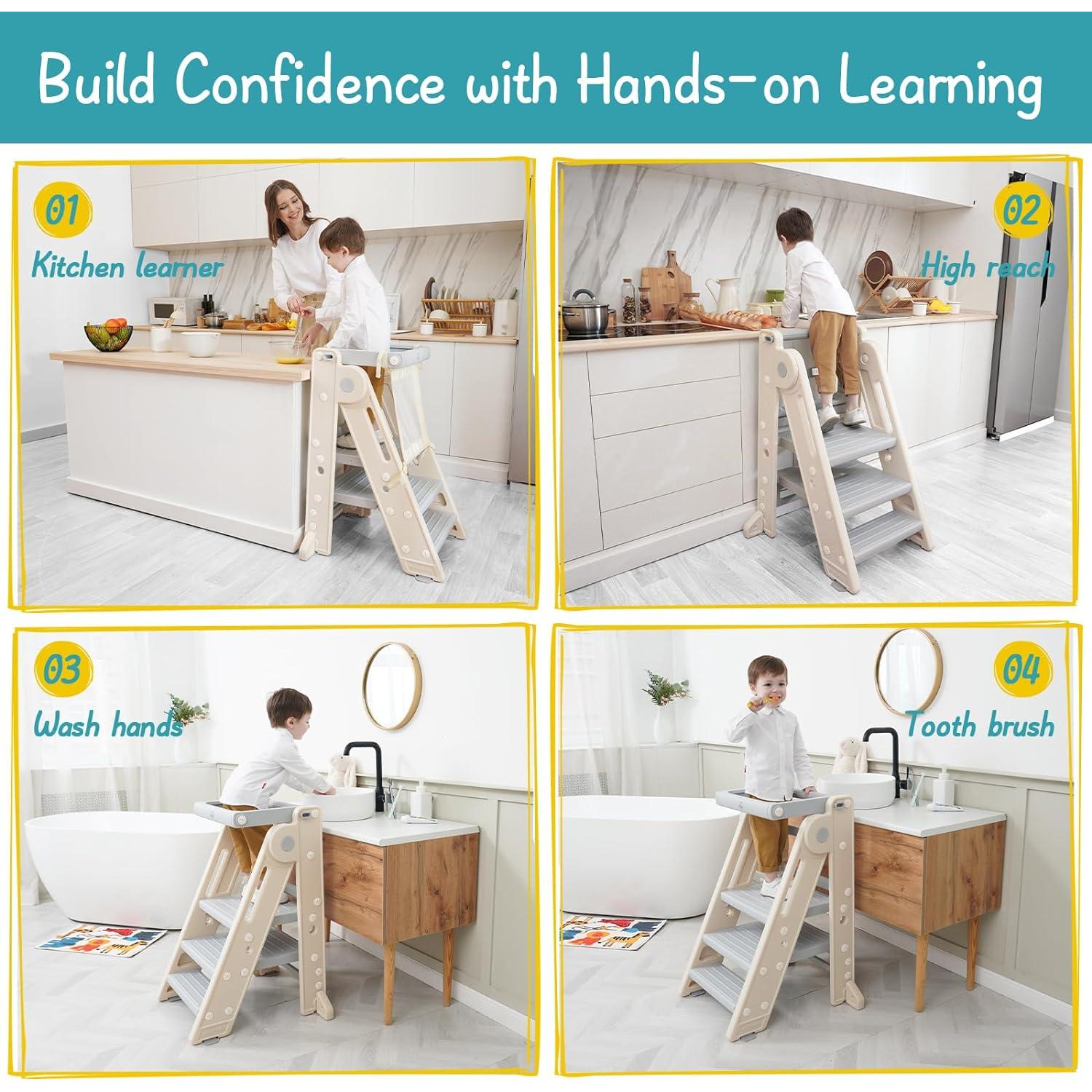 Torre Plegable para Niños Forbena, Taburete Ajustable Gris