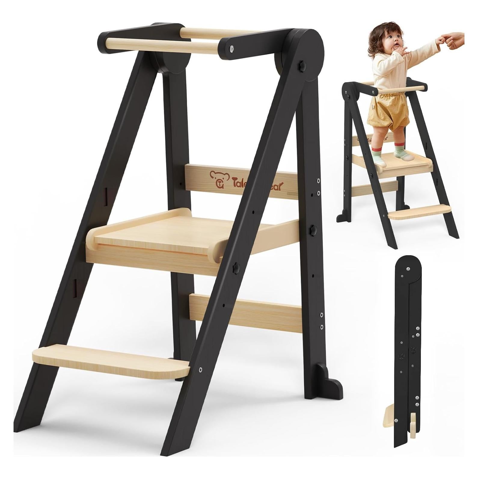 Taburete de Cocina Plegable Doerpuz Negro, 3 Alturas Ajustables