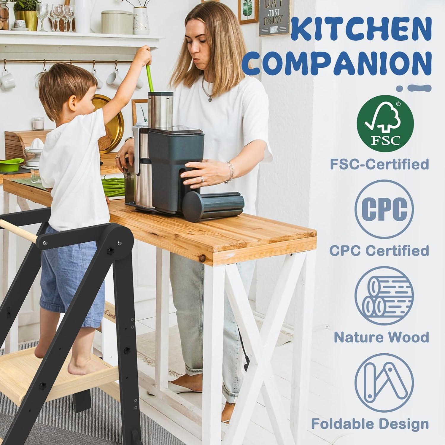 Taburete de Cocina Plegable Doerpuz Negro, 3 Alturas Ajustables