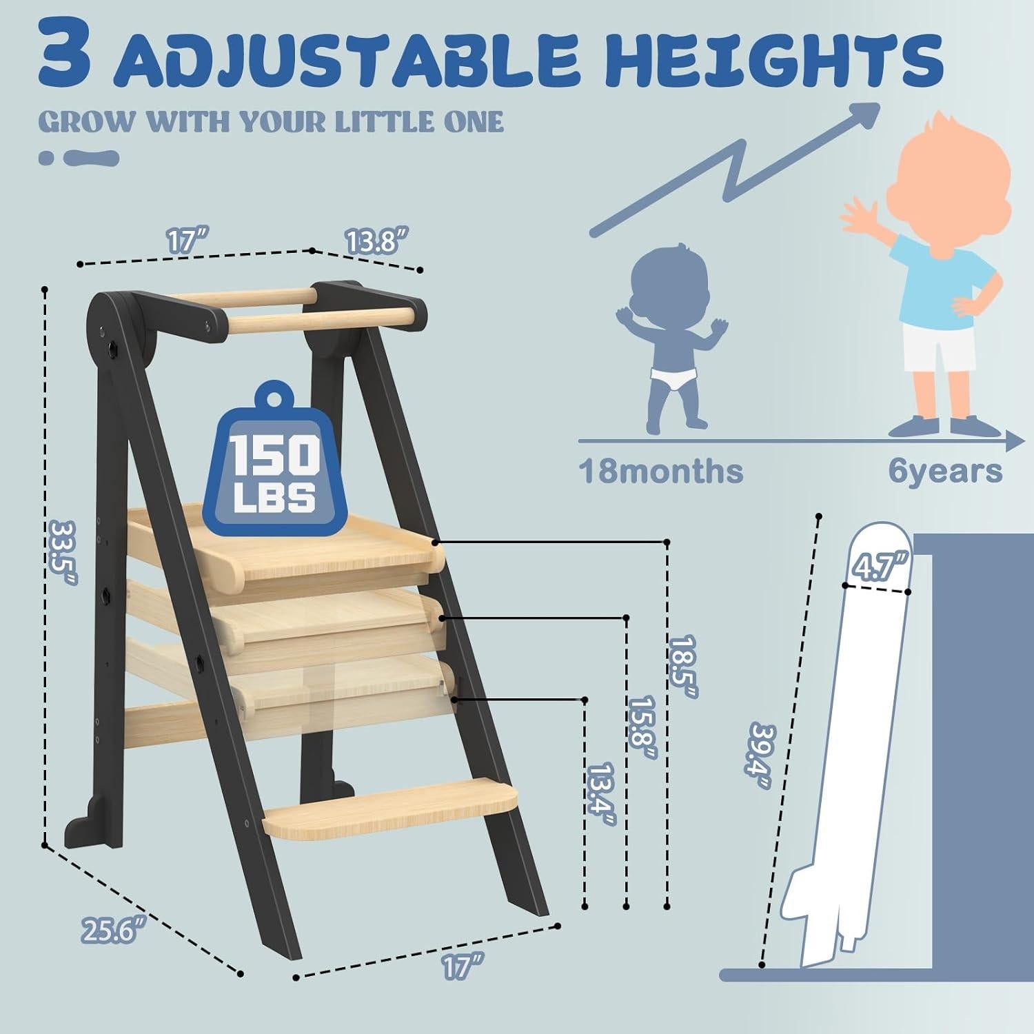 Taburete de Cocina Plegable Doerpuz Negro, 3 Alturas Ajustables