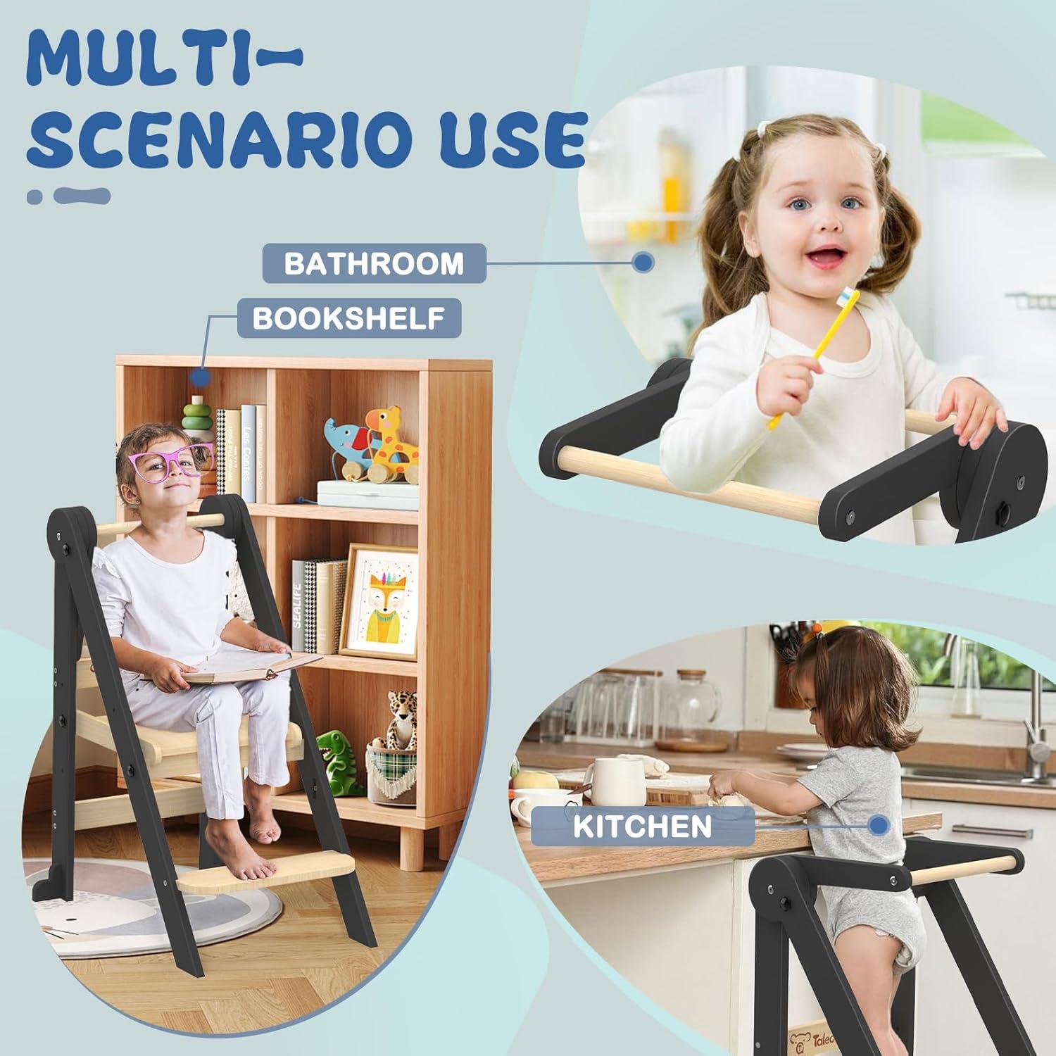 Taburete de Cocina Plegable Doerpuz Negro, 3 Alturas Ajustables