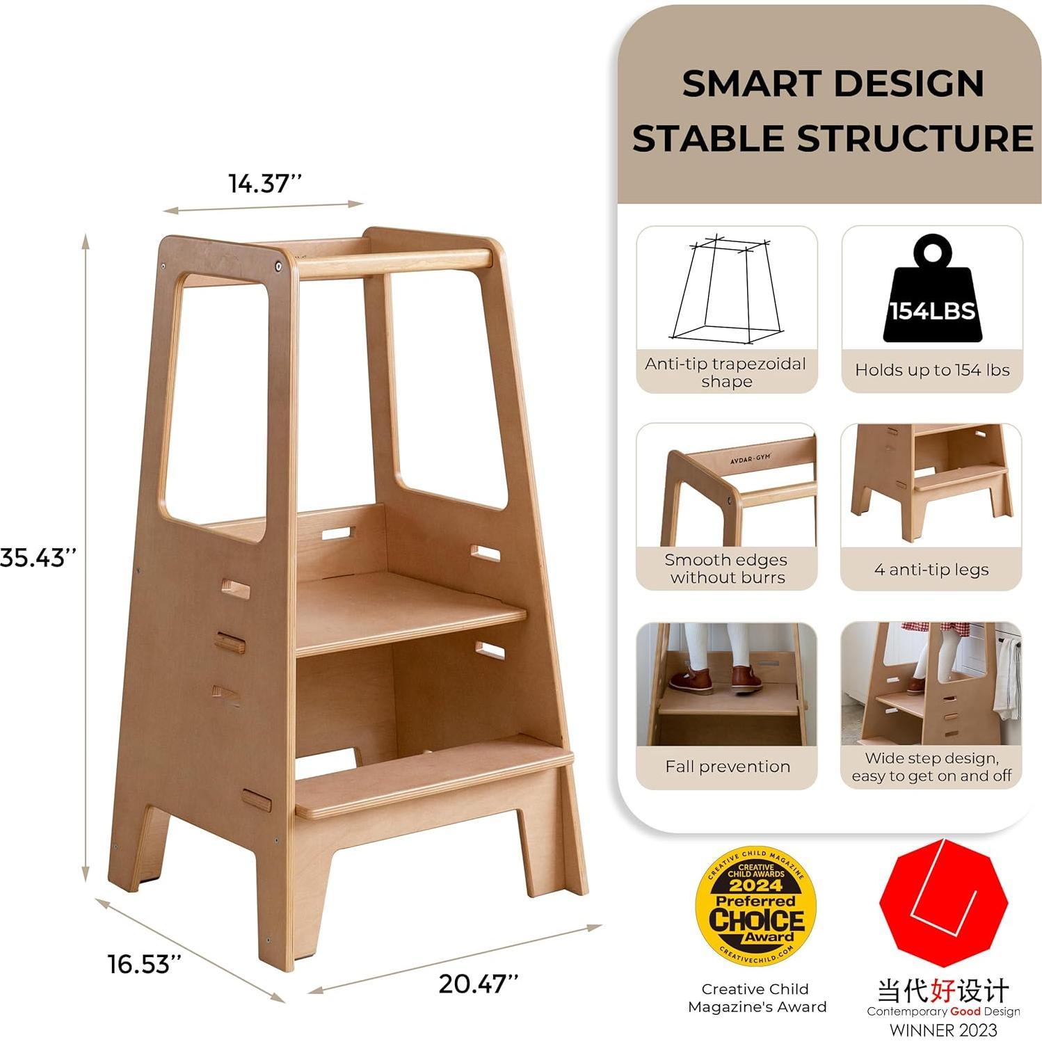 Torre de Pie Ajustable AVDAR para Niños Pequeños - Madera Natural