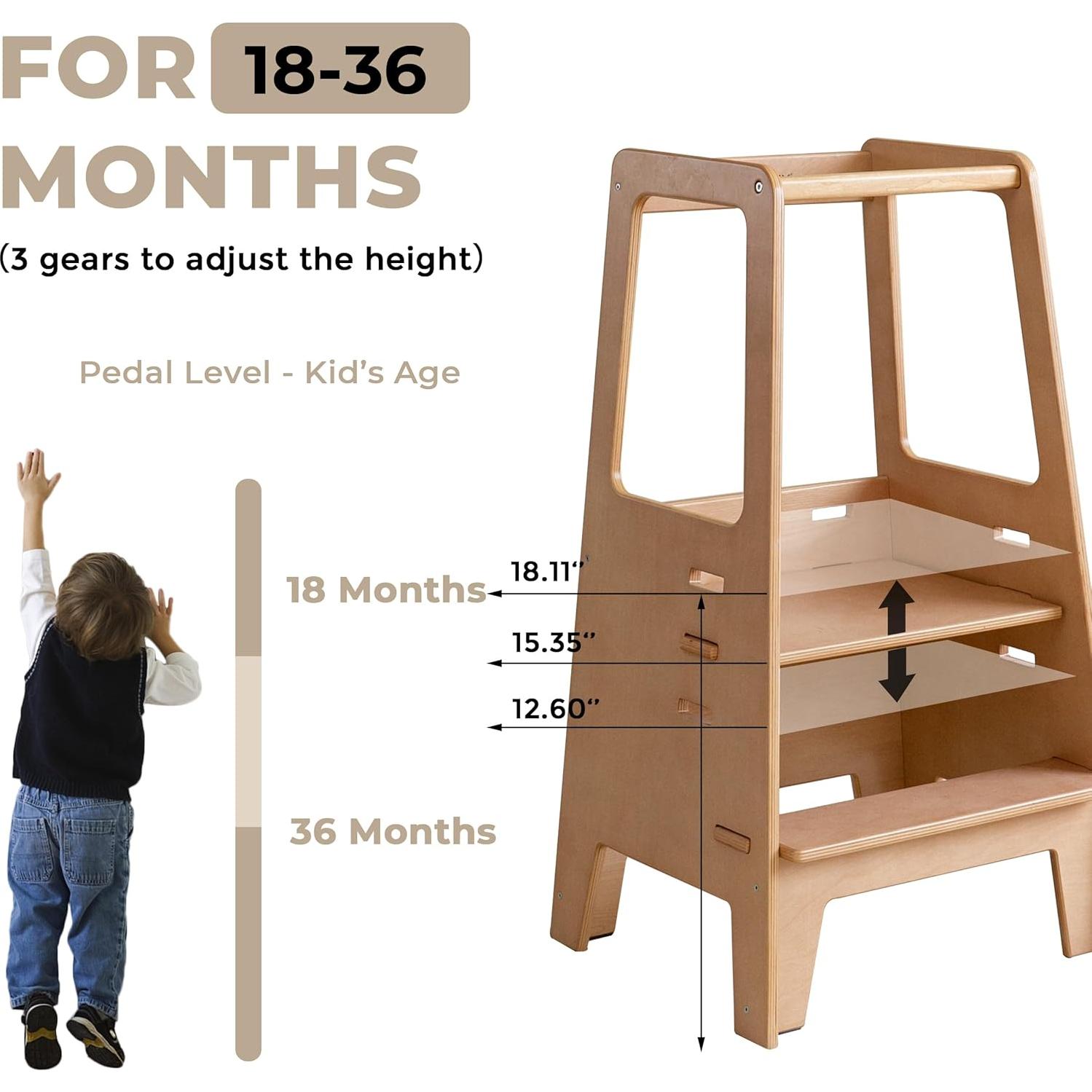 Torre de Pie Ajustable AVDAR para Niños Pequeños - Madera Natural