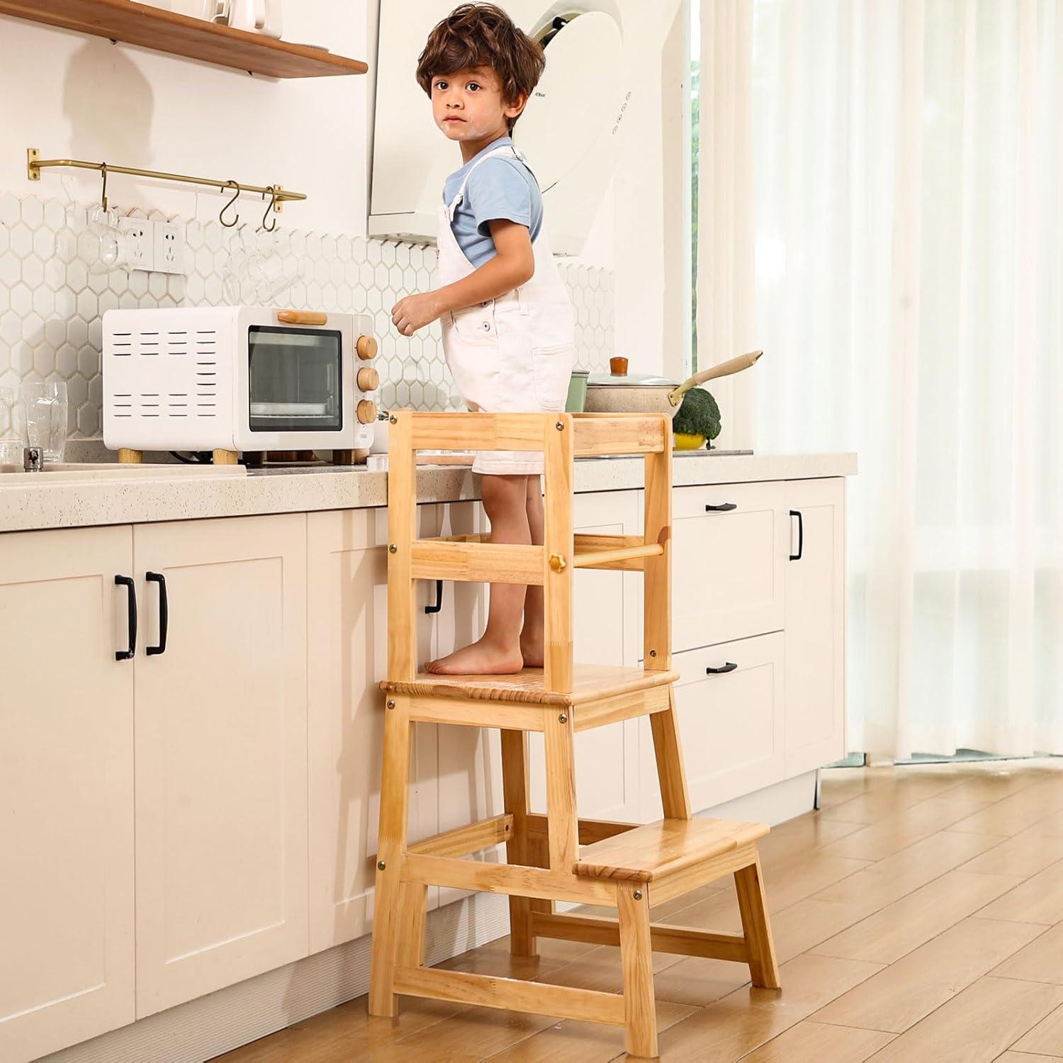 Escalera de cocina Joylico para niños con barandilla - Natural