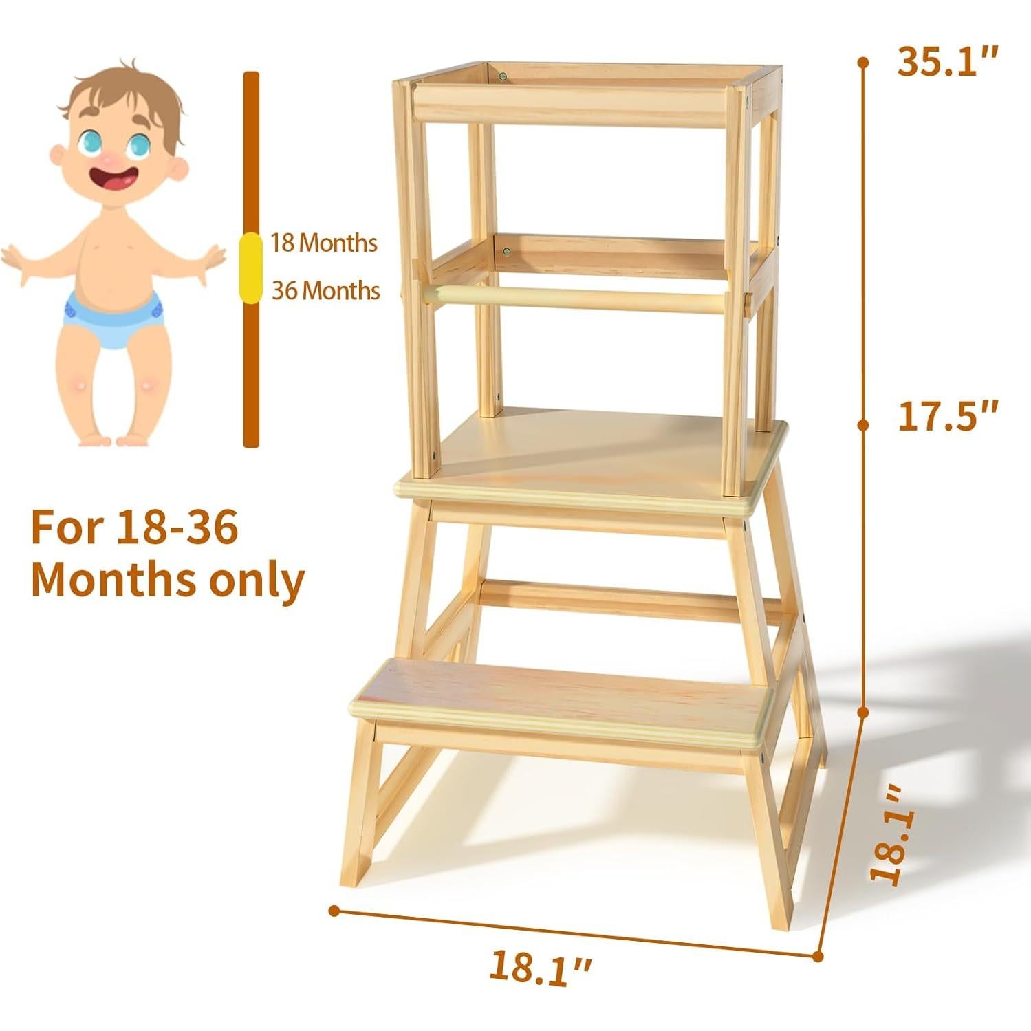 Escalera de cocina Joylico para niños con barandilla - Natural