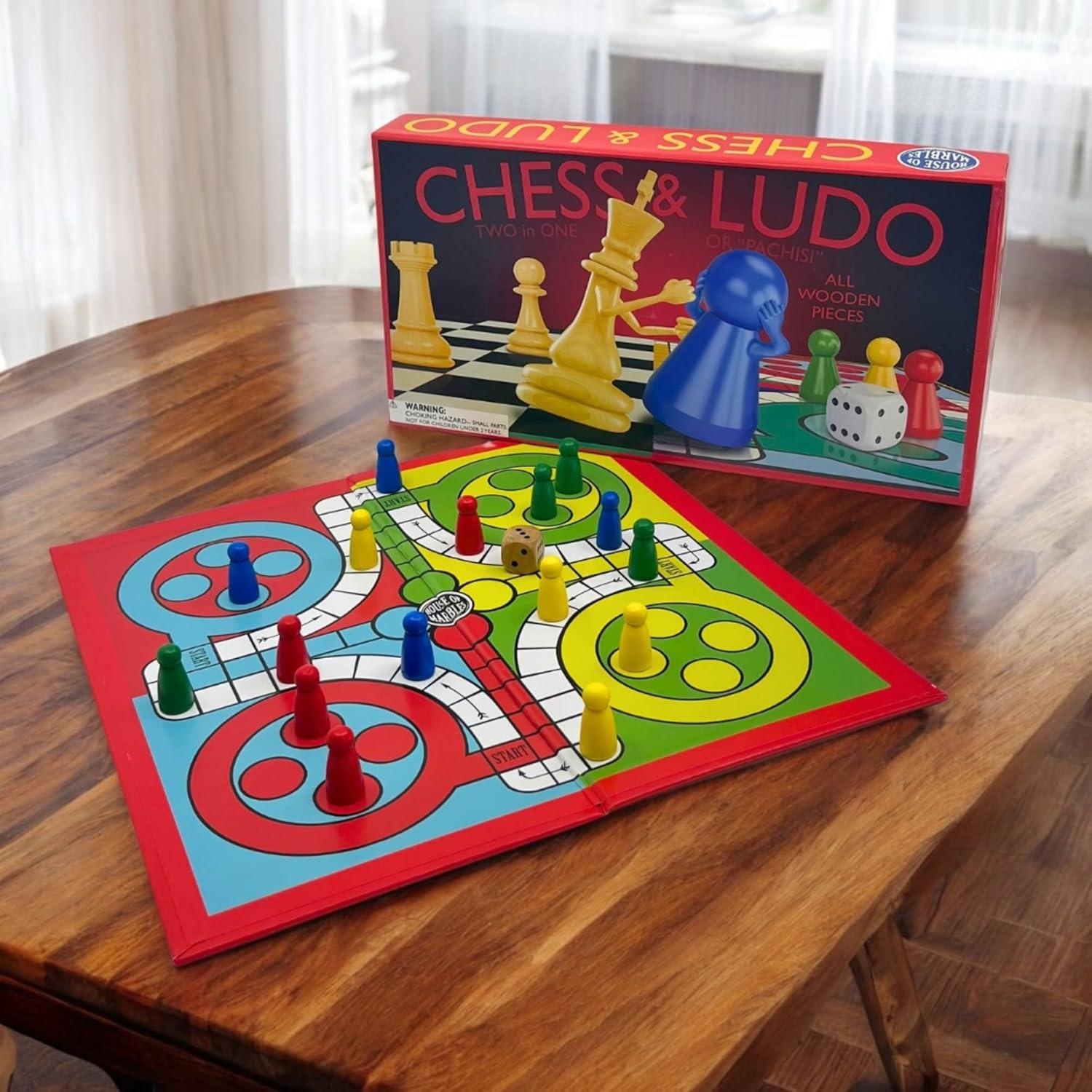 Juego de Ajedrez y Ludo Casa de Canicas - 2 en 1 Familiar