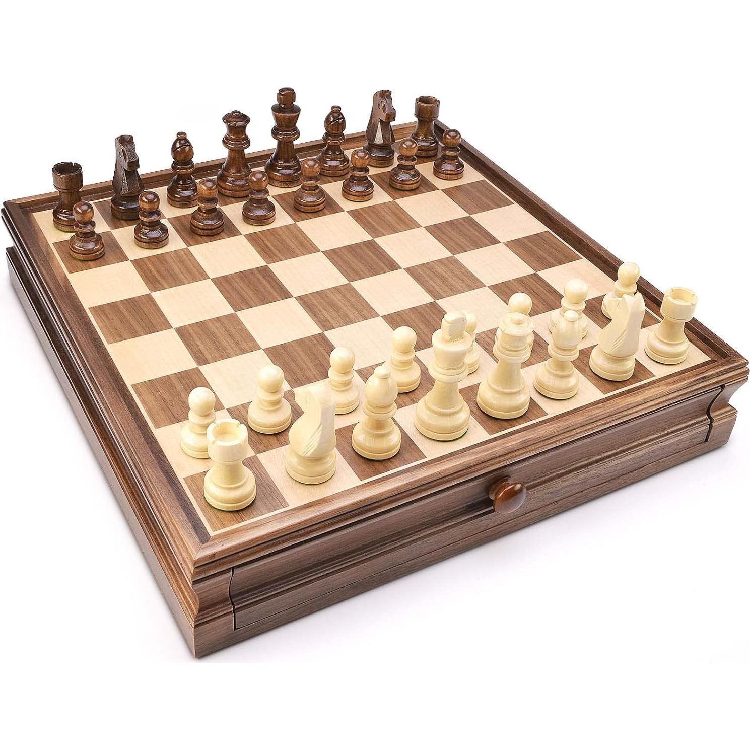 Juego de Ajedrez y Damas de Madera AMEROUS 15" con Cajón