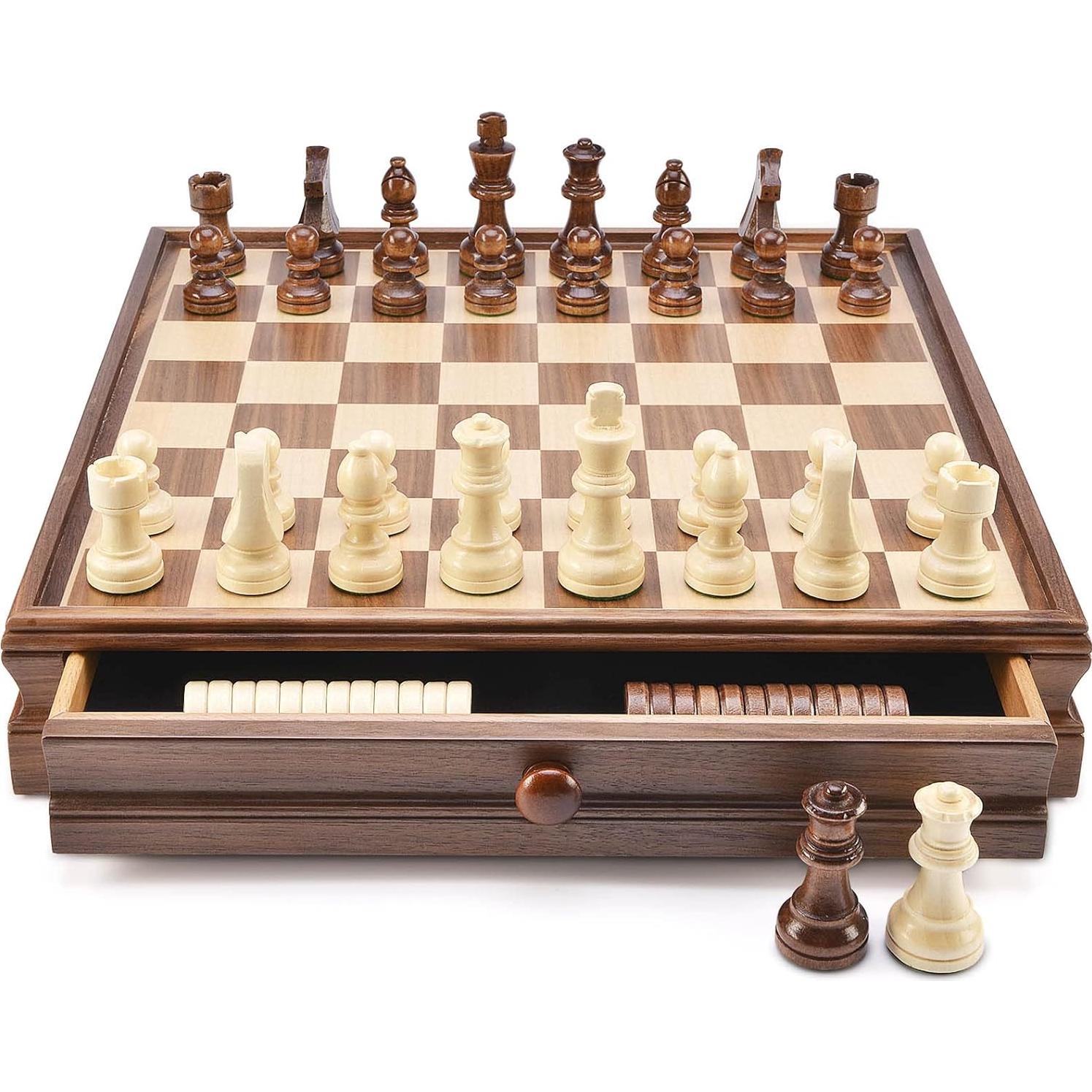 Juego de Ajedrez y Damas de Madera AMEROUS 15" con Cajón