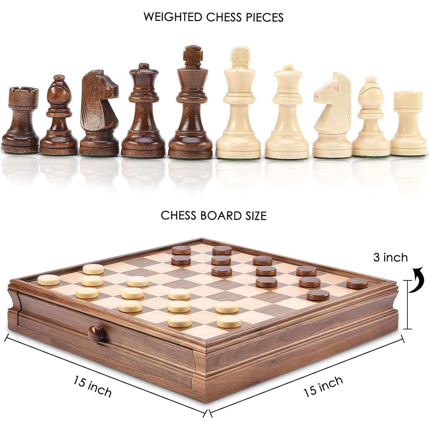 Juego de Ajedrez y Damas de Madera AMEROUS 15" con Cajón