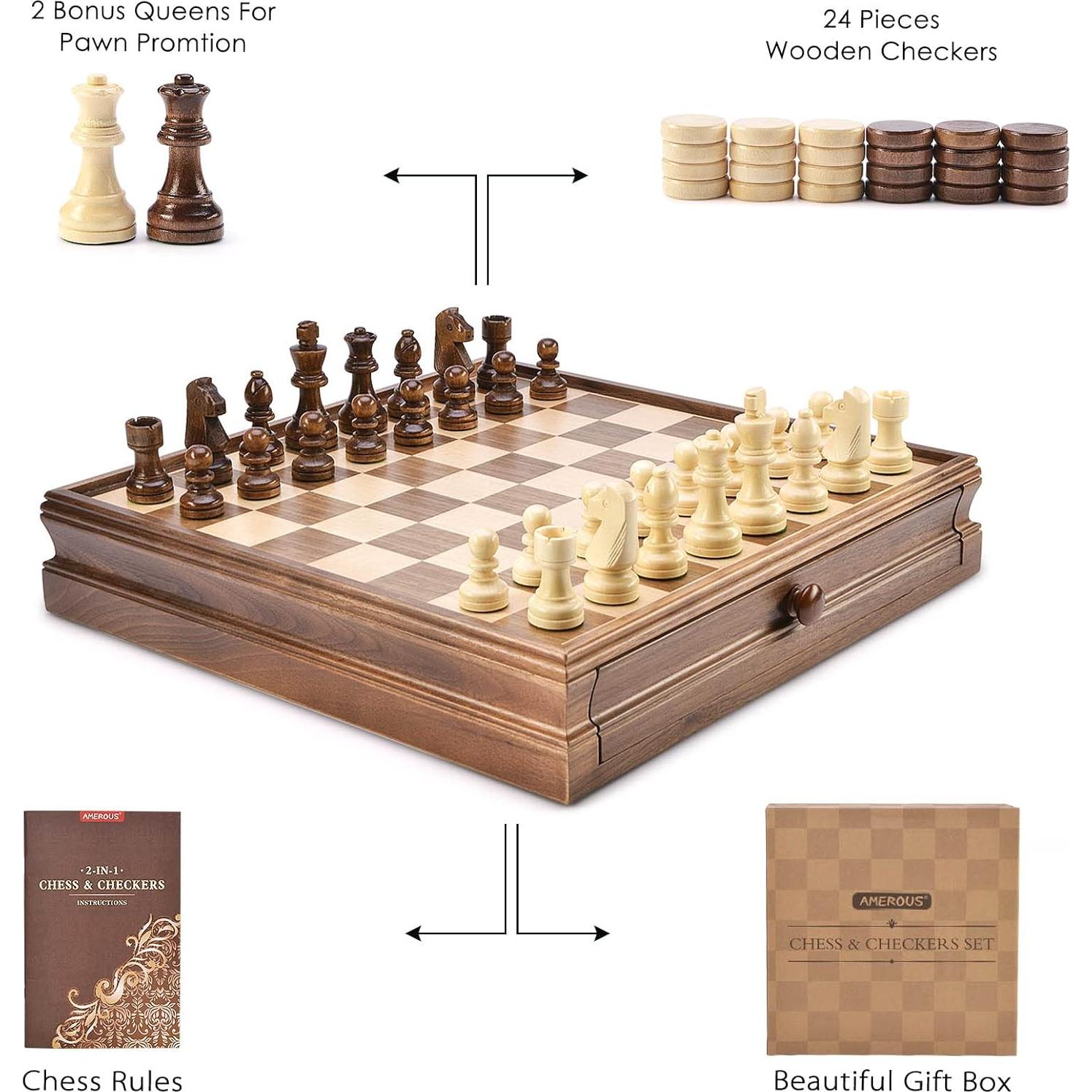 Juego de Ajedrez y Damas de Madera AMEROUS 15" con Cajón