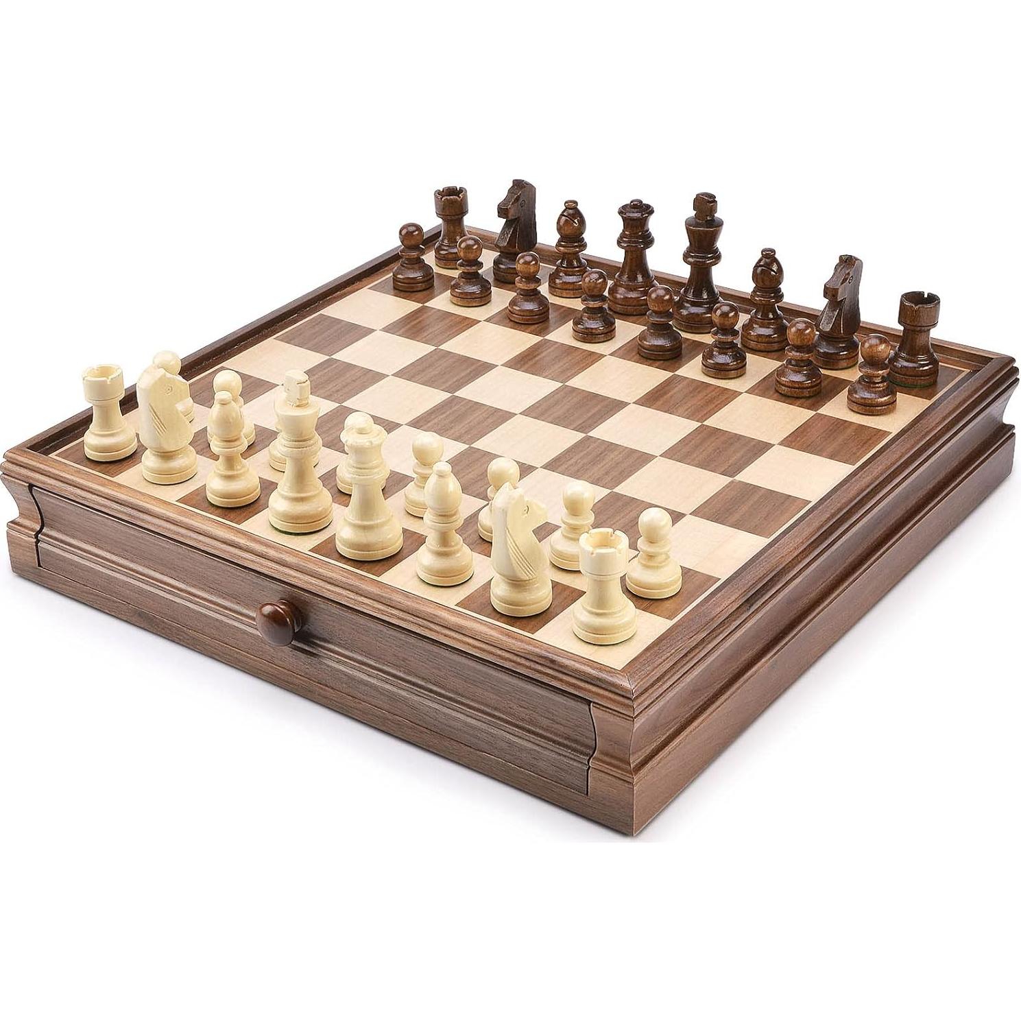 Juego de Ajedrez y Damas de Madera AMEROUS 15" con Cajón