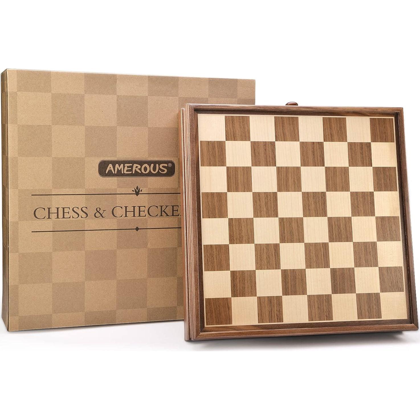 Juego de Ajedrez y Damas de Madera AMEROUS 15" con Cajón
