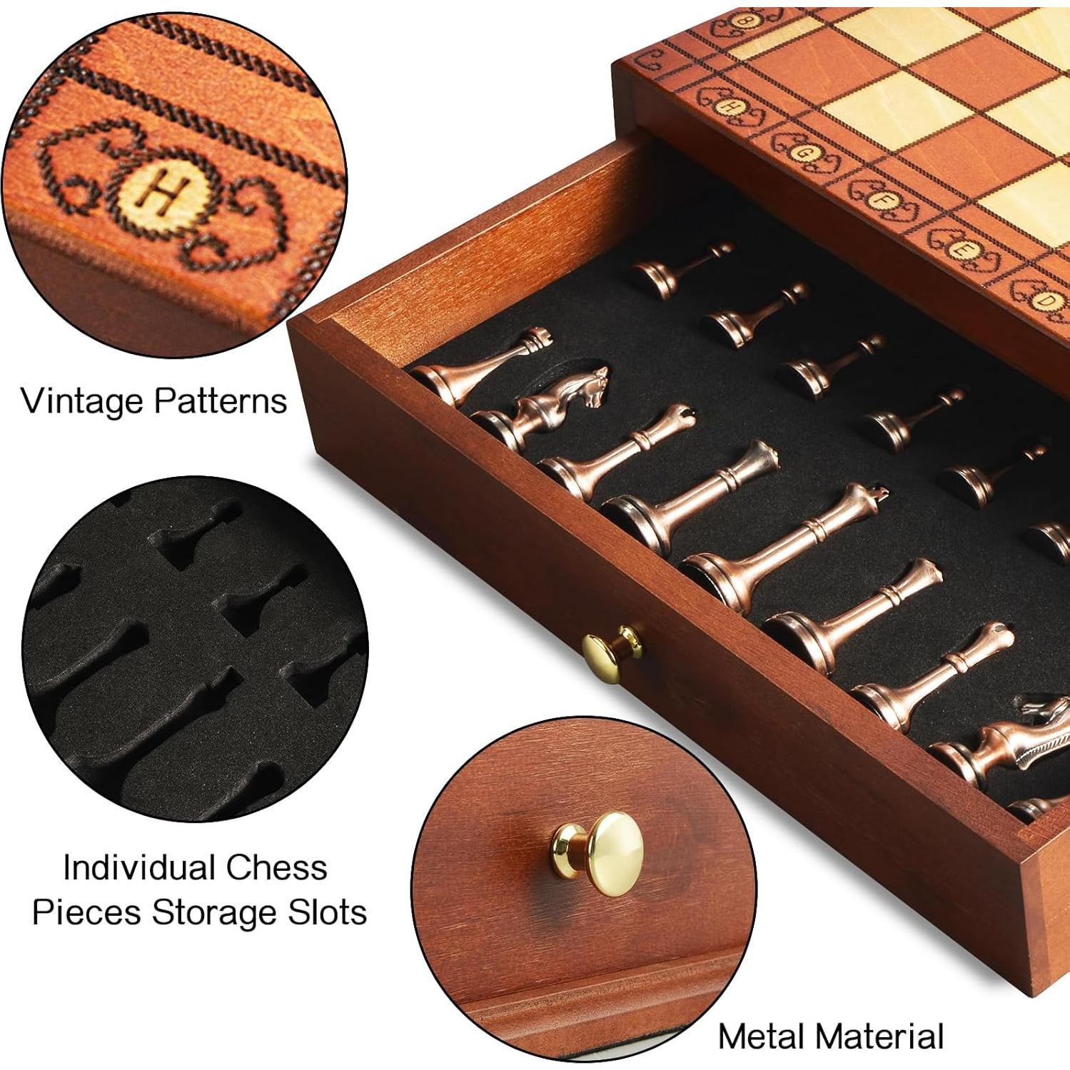 Juego de Ajedrez Retro BIVOMON de Madera y Metal 33x33cm