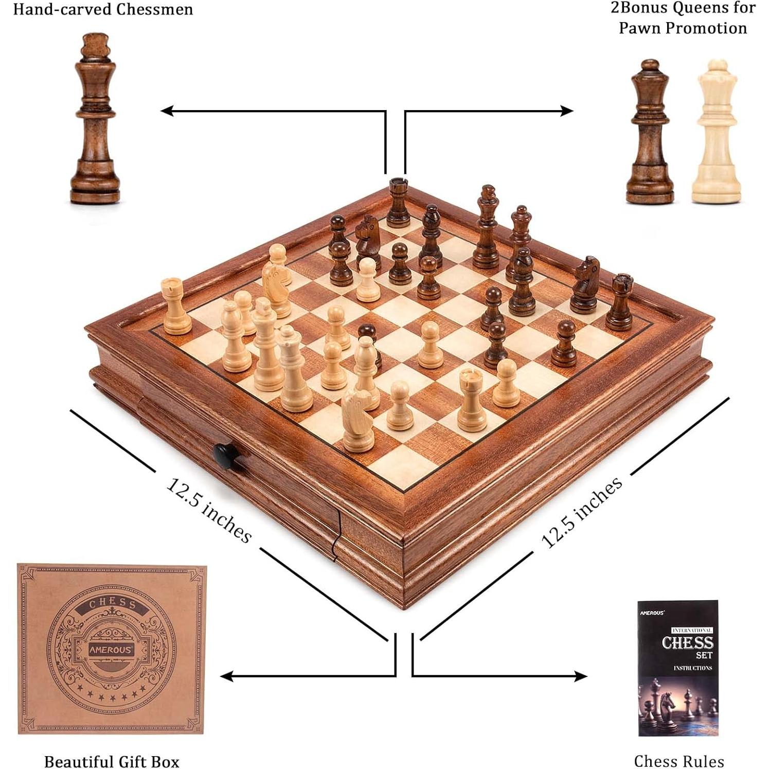 Juego de Ajedrez Magnético de Madera AMEROUS 31.75 cm con 2 Reinas