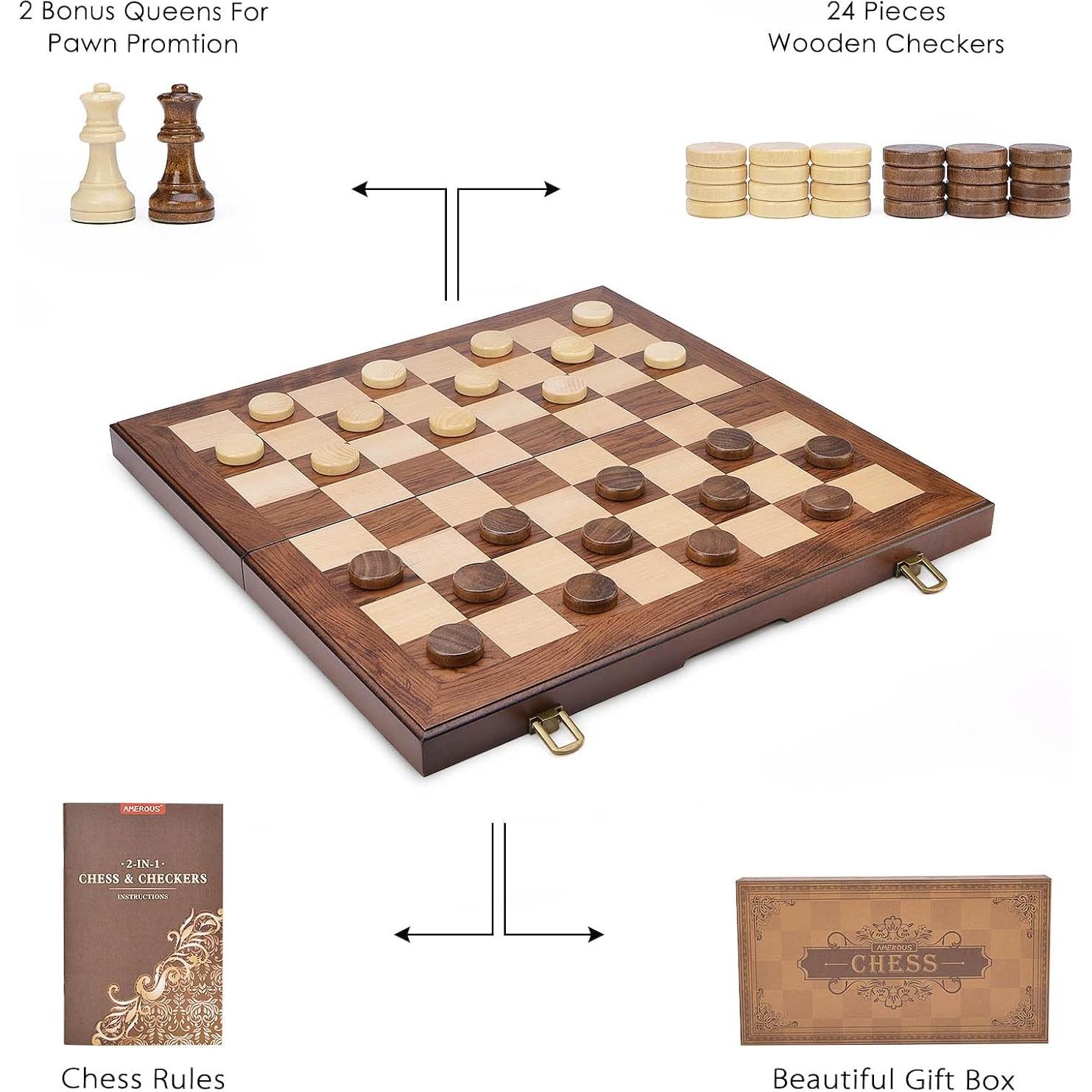 Juego de Ajedrez y Damas 2 en 1 AMEROUS Madera 39.62 cm