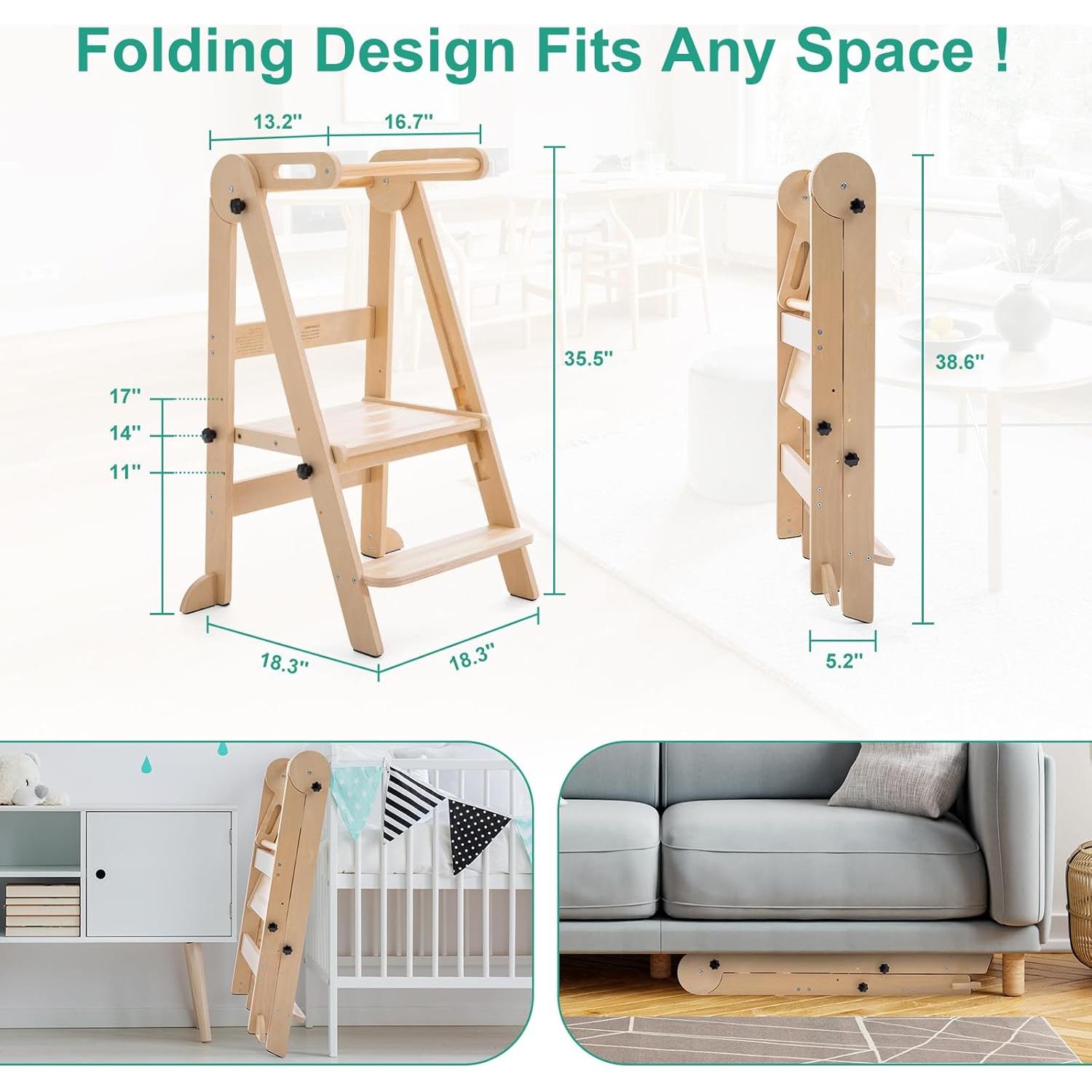 Torre Plegable para Niños Aokkto LT02, Madera, 3 Alturas Ajustables