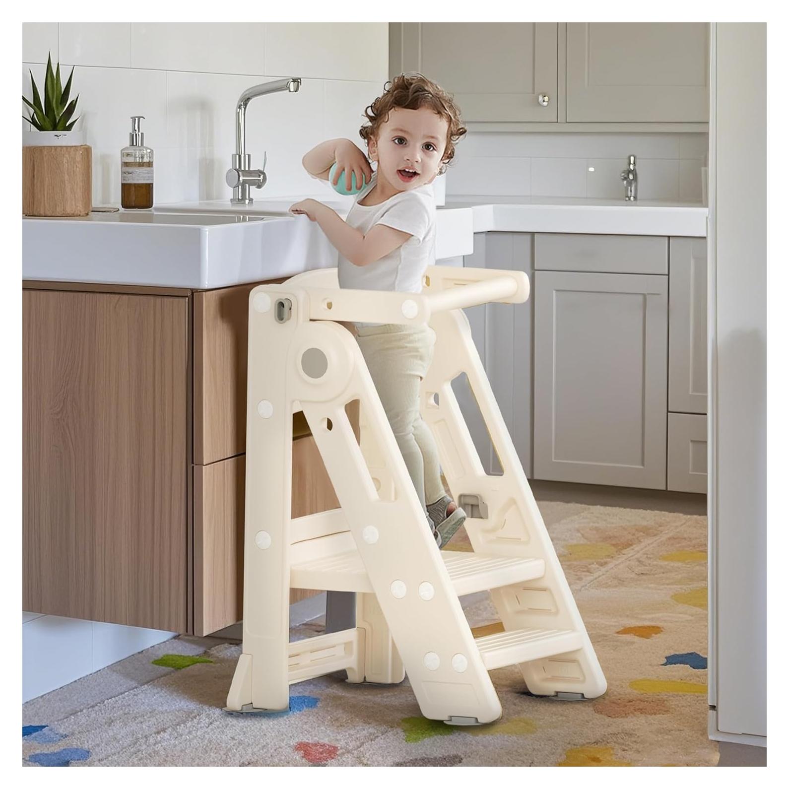 Torre Plegable para Niños Hoopyosms Altura Ajustable Beige