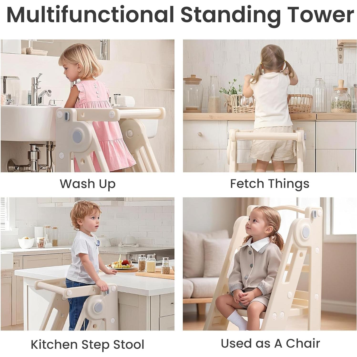 Torre Plegable para Niños Hoopyosms Altura Ajustable Beige