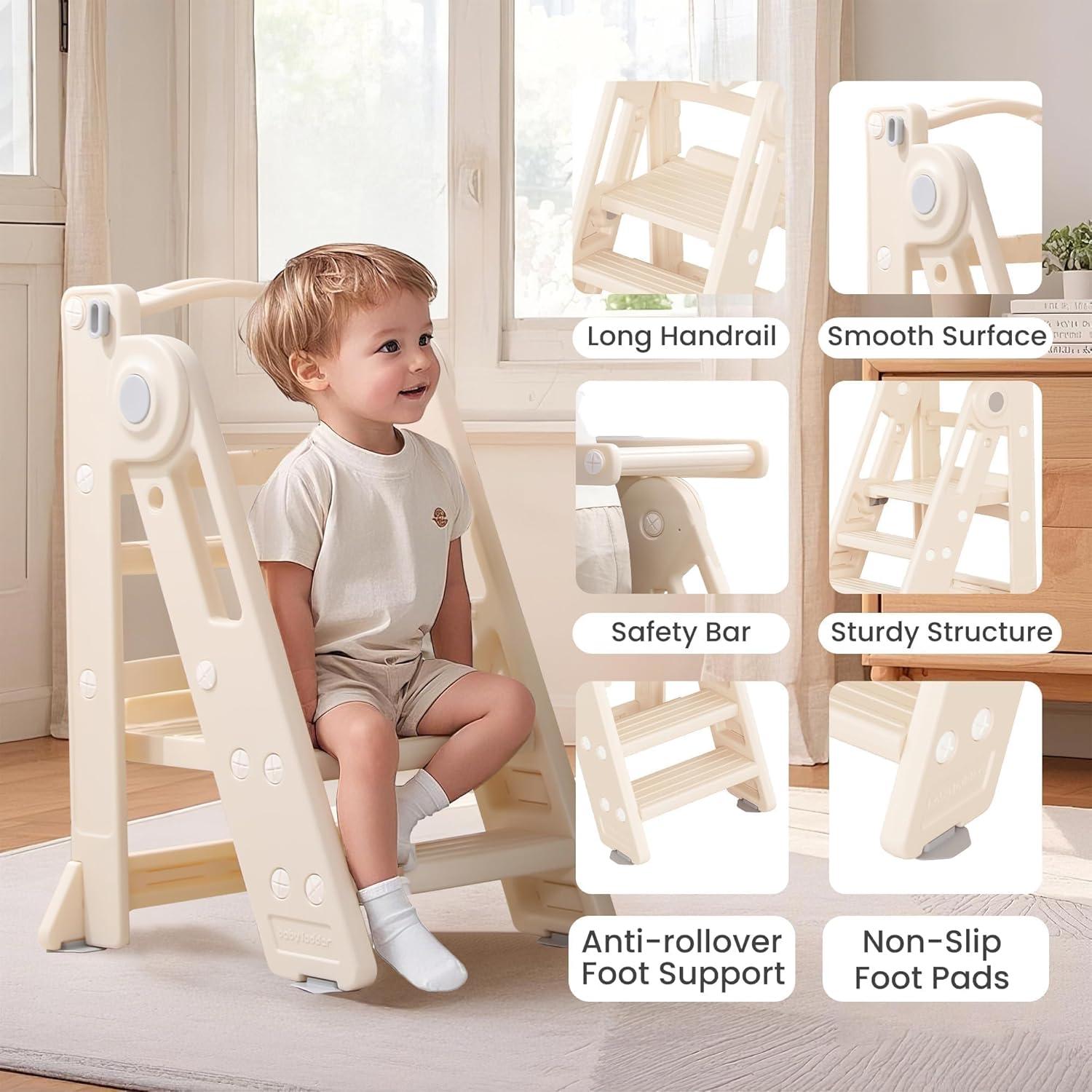 Torre Plegable para Niños Hoopyosms Altura Ajustable Beige