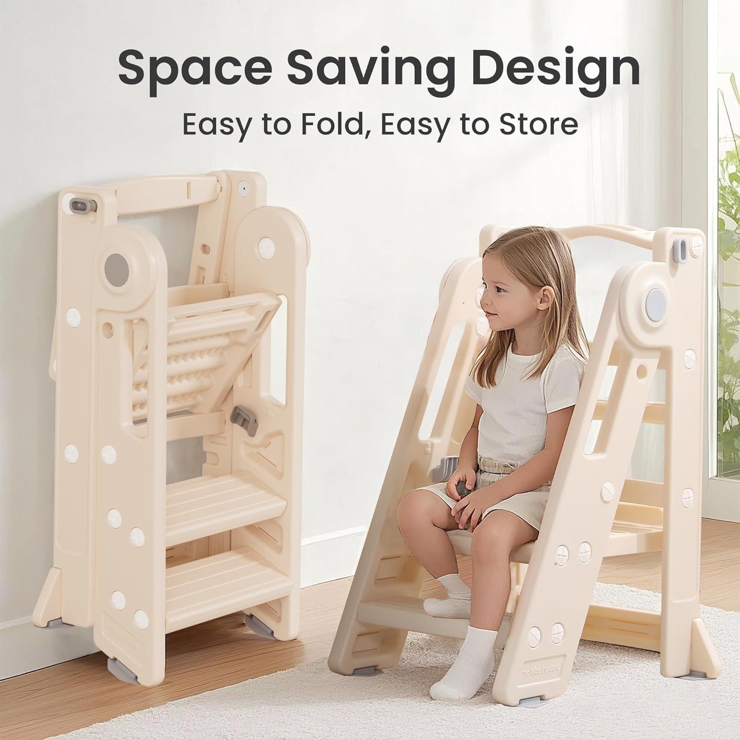 Torre Plegable para Niños Hoopyosms Altura Ajustable Beige