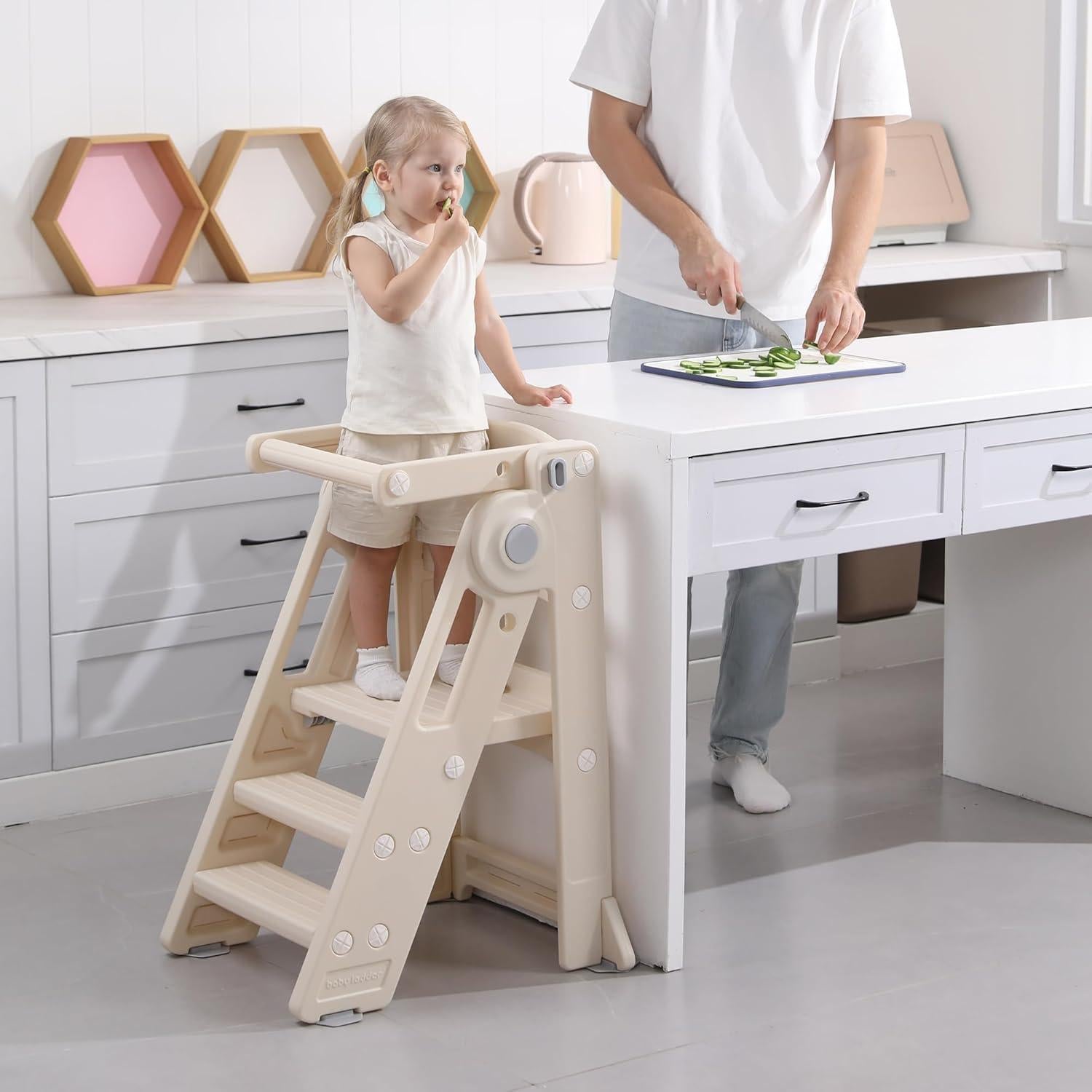 Torre Plegable para Niños Hoopyosms Altura Ajustable Beige