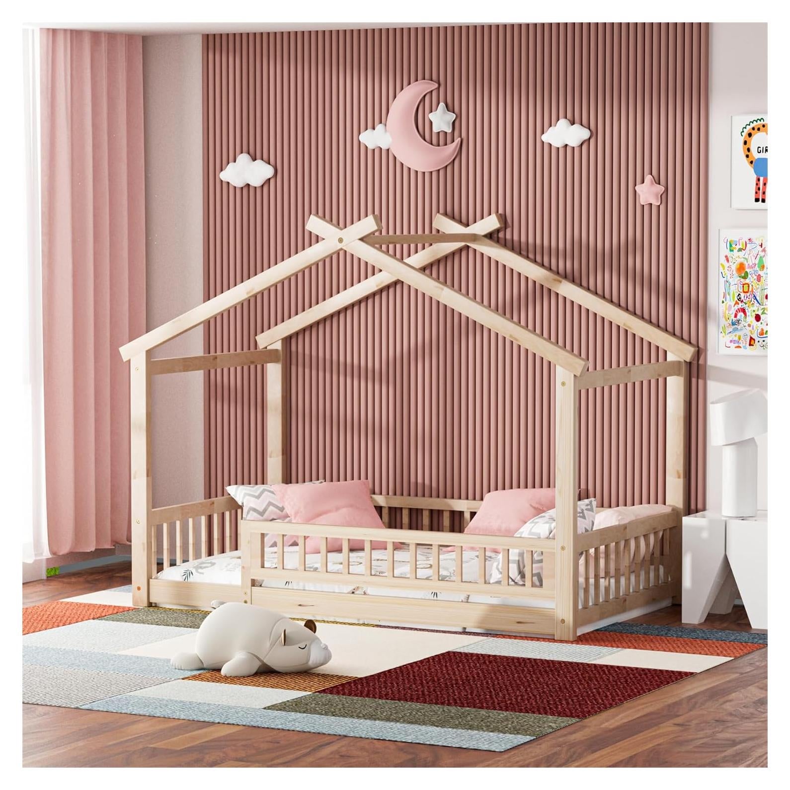 LLS Twin House Bed with Fence, Wooden Montessori Bed with Slats Support, Floor Bed Frame for Boys Girls Bedroom, Natural