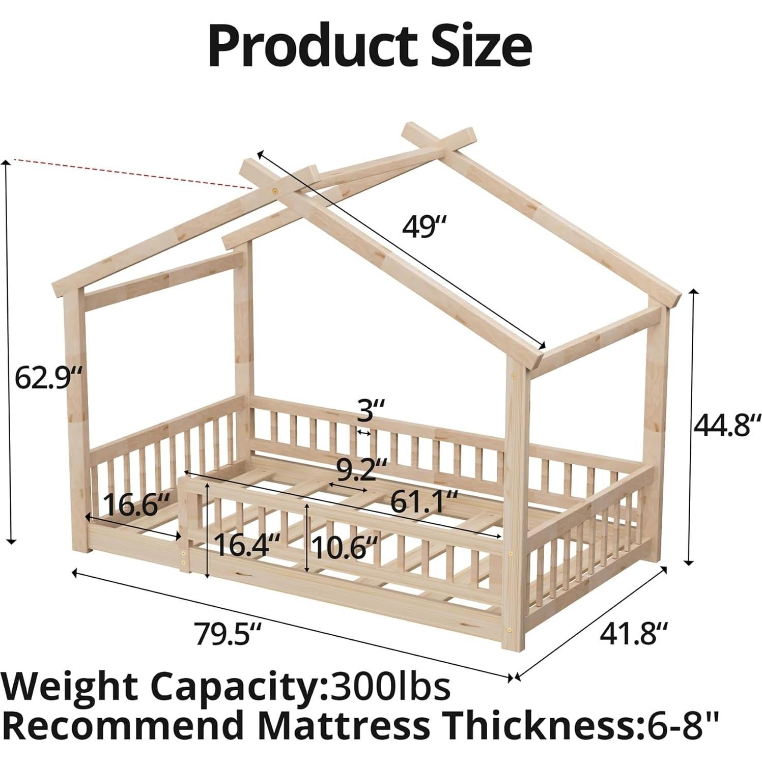 LLS Twin House Bed with Fence, Wooden Montessori Bed with Slats Support, Floor Bed Frame for Boys Girls Bedroom, Natural