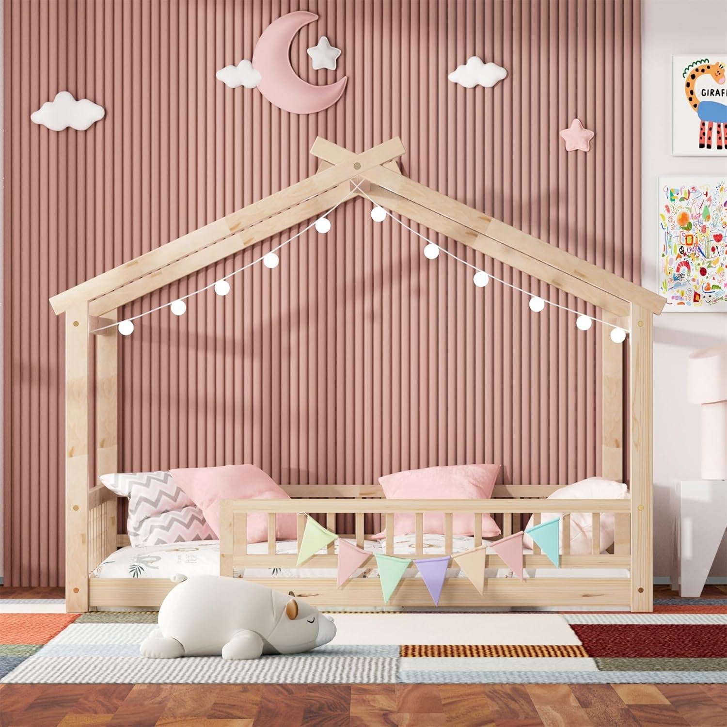 LLS Twin House Bed with Fence, Wooden Montessori Bed with Slats Support, Floor Bed Frame for Boys Girls Bedroom, Natural