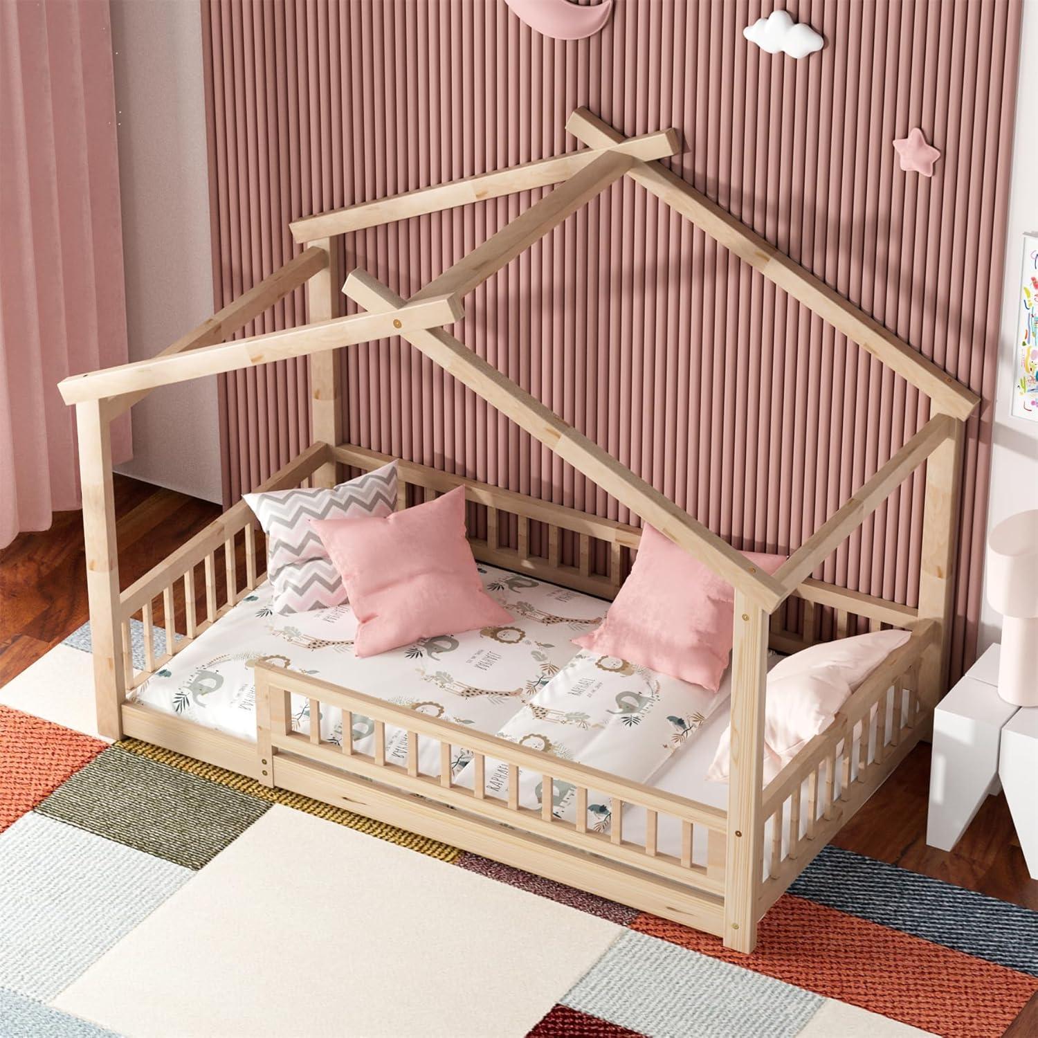 LLS Twin House Bed with Fence, Wooden Montessori Bed with Slats Support, Floor Bed Frame for Boys Girls Bedroom, Natural