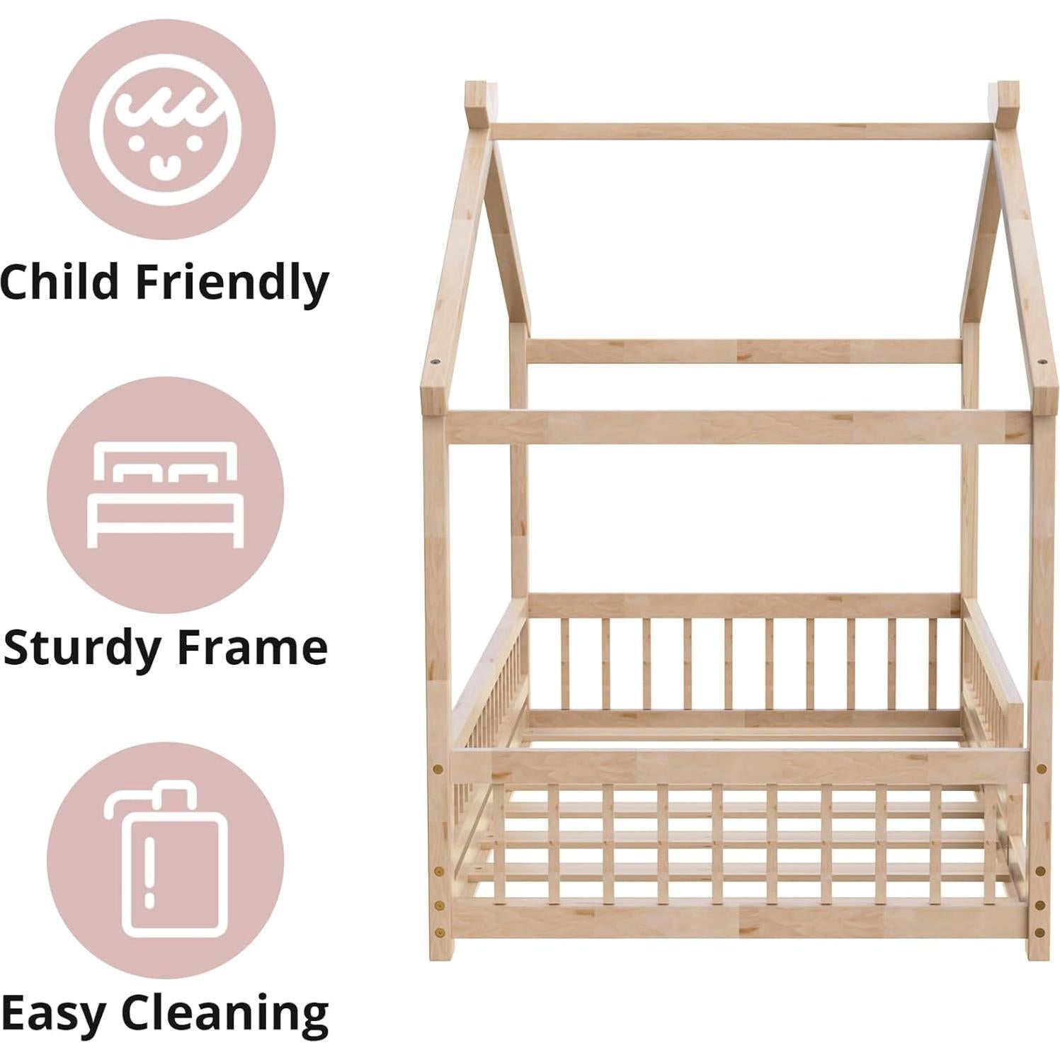 LLS Twin House Bed with Fence, Wooden Montessori Bed with Slats Support, Floor Bed Frame for Boys Girls Bedroom, Natural