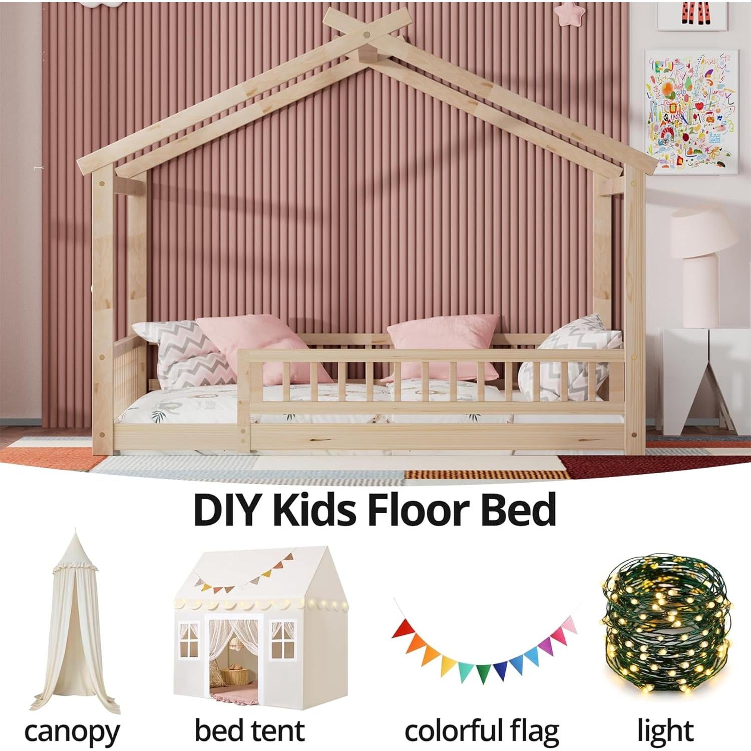 LLS Twin House Bed with Fence, Wooden Montessori Bed with Slats Support, Floor Bed Frame for Boys Girls Bedroom, Natural