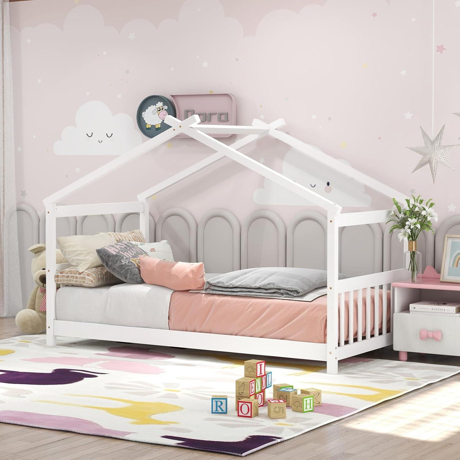 Cama de Madera KOMFOTT Tipo Casa para Niños Twin Blanca
