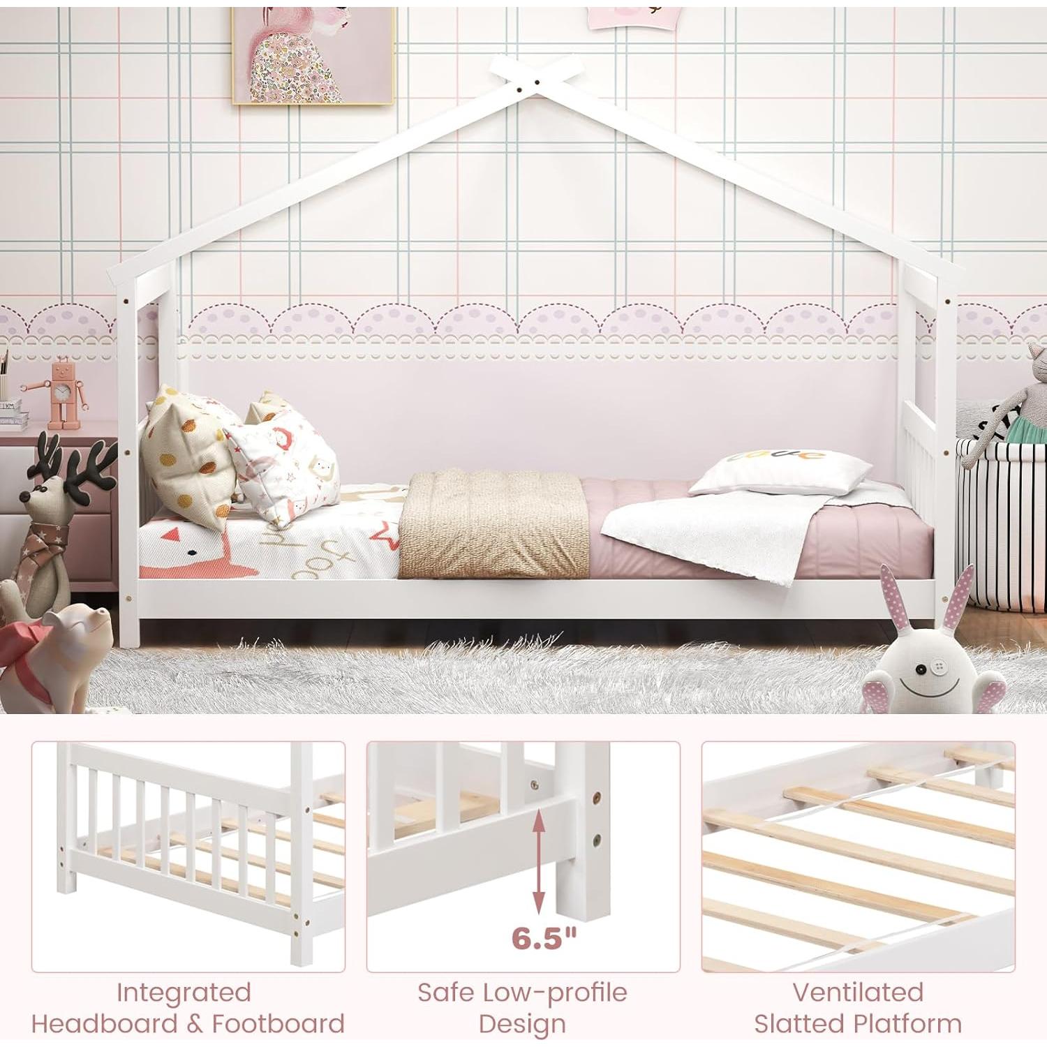 Cama de Madera KOMFOTT Tipo Casa para Niños Twin Blanca