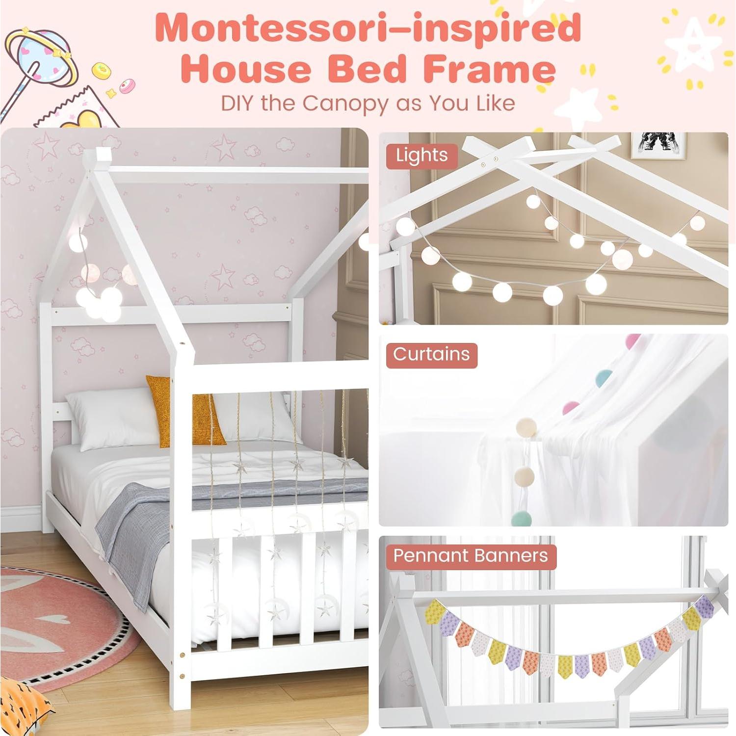 Cama de Madera KOMFOTT Tipo Casa para Niños Twin Blanca