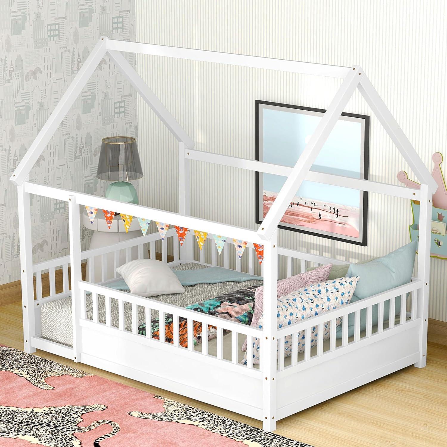 Cama Montessori Completa Bellemave Blanca con Techo y Cerca