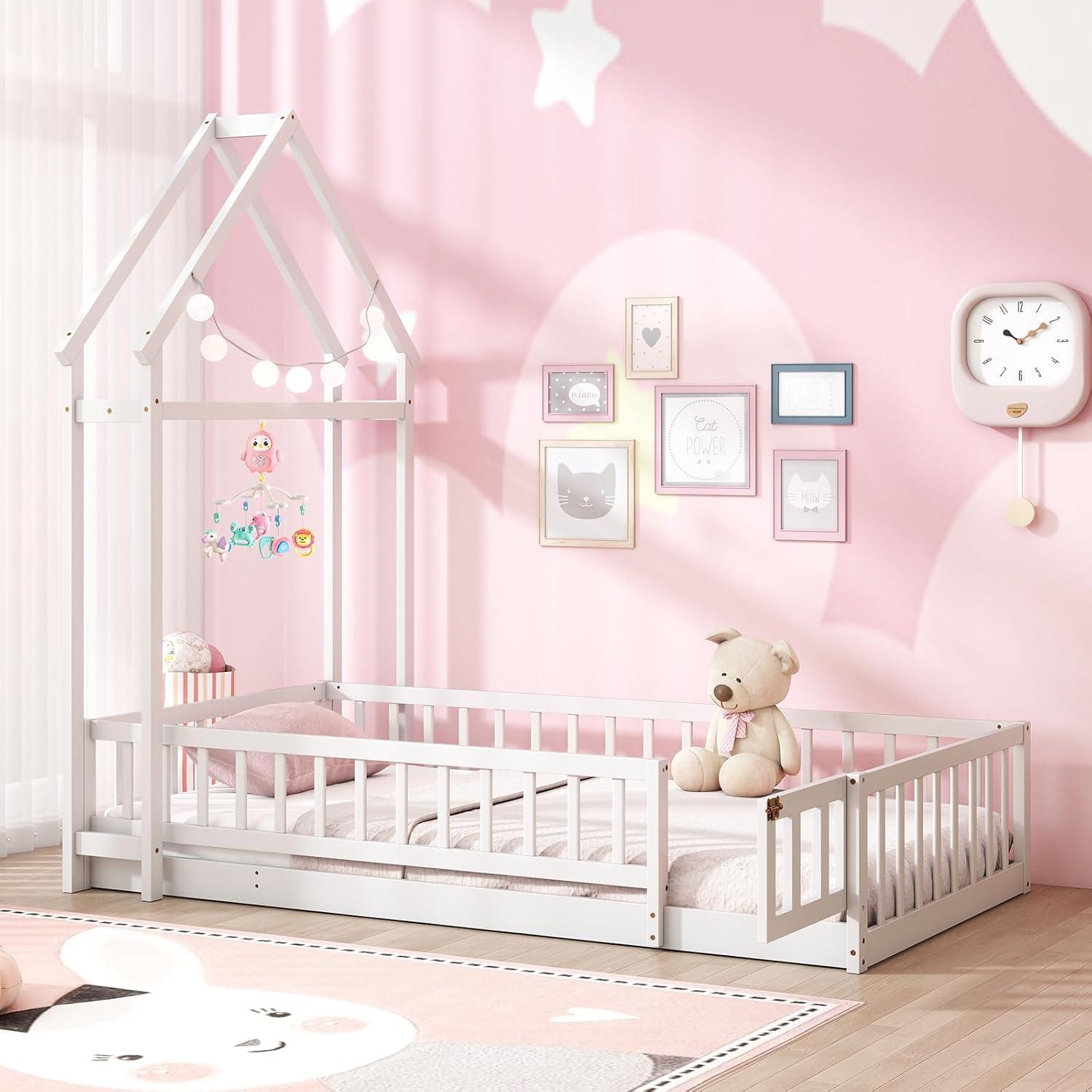 Cama de Piso Doble Montessori Giantex Blanca con Perchero