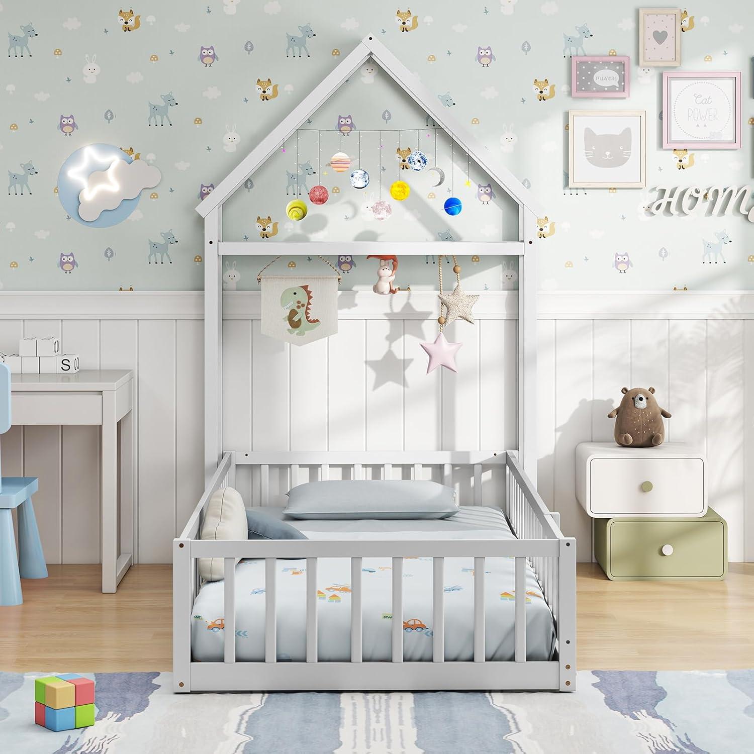 Cama de Piso Doble Montessori Giantex Blanca con Perchero