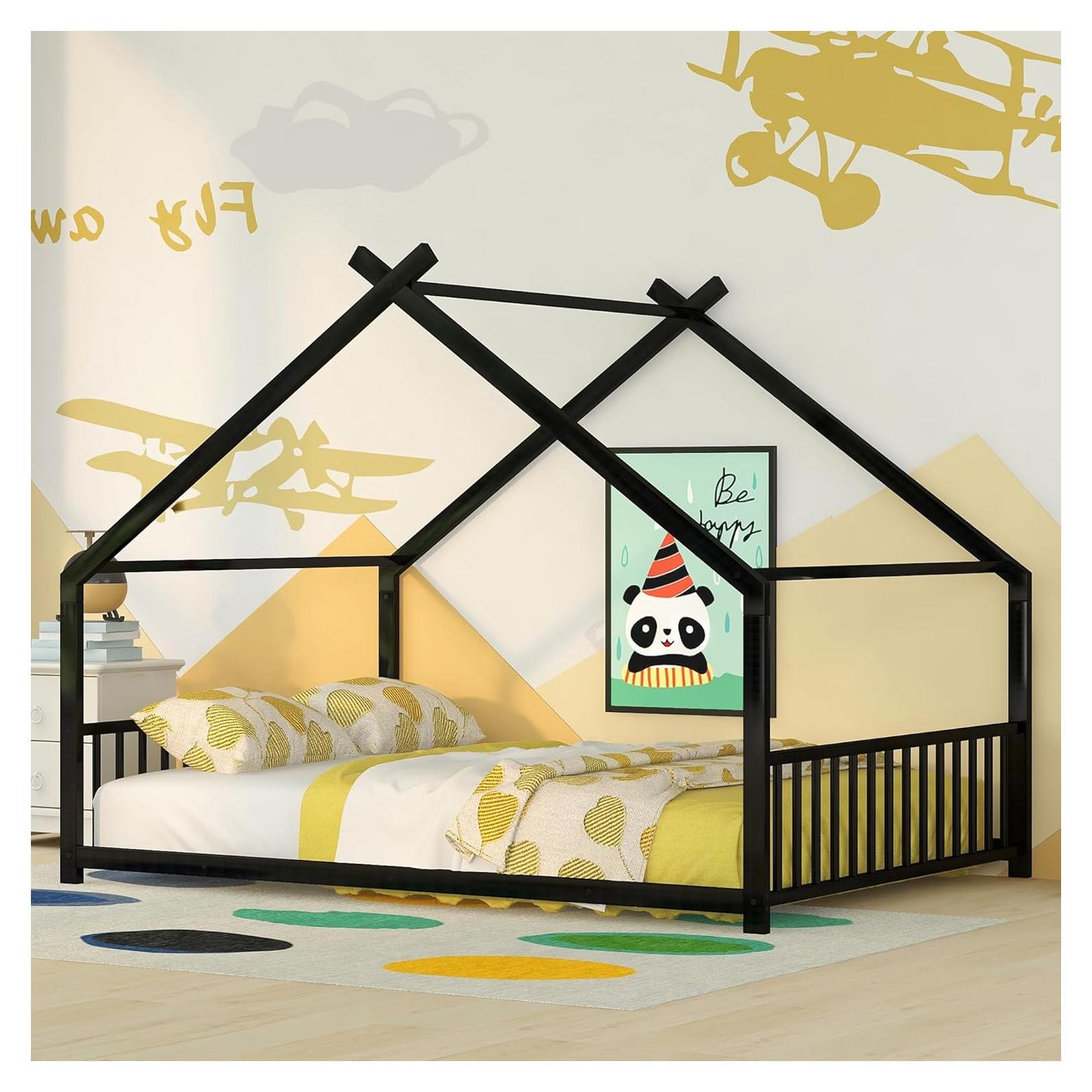 House Platform Bed Full Size, Full Size House Bed with Headboard and Footboard, Full Size Bed with Slats Support(Full Black)