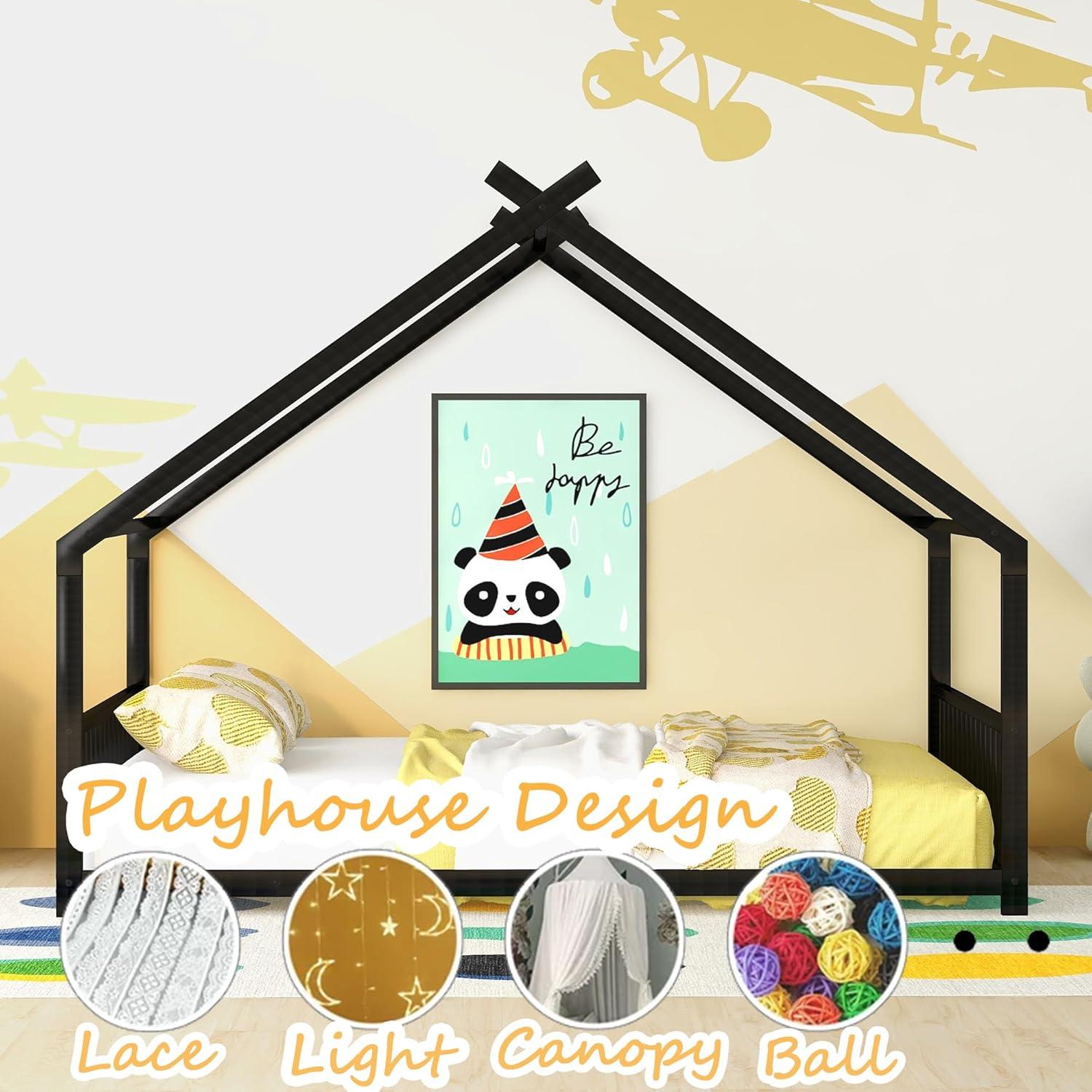 House Platform Bed Full Size, Full Size House Bed with Headboard and Footboard, Full Size Bed with Slats Support(Full Black)