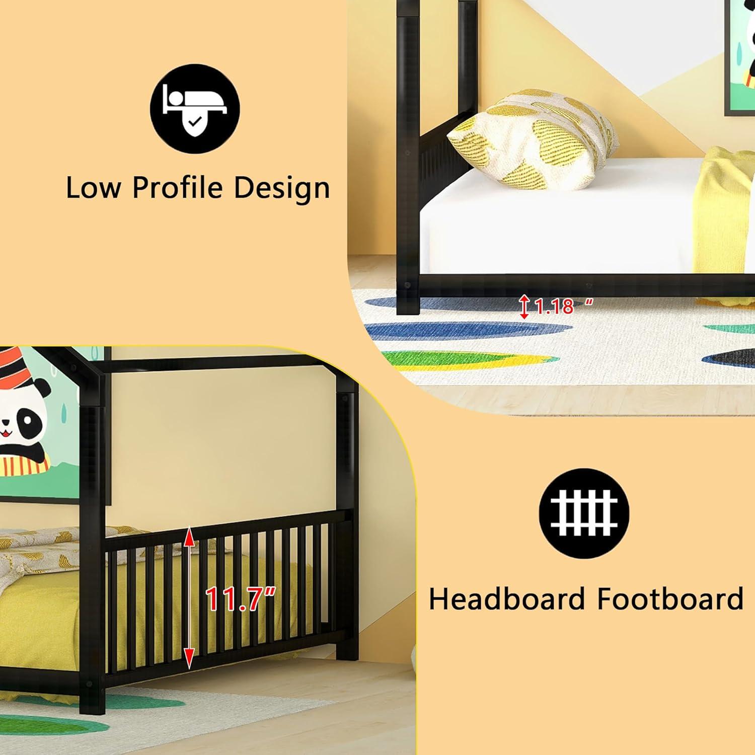 House Platform Bed Full Size, Full Size House Bed with Headboard and Footboard, Full Size Bed with Slats Support(Full Black)