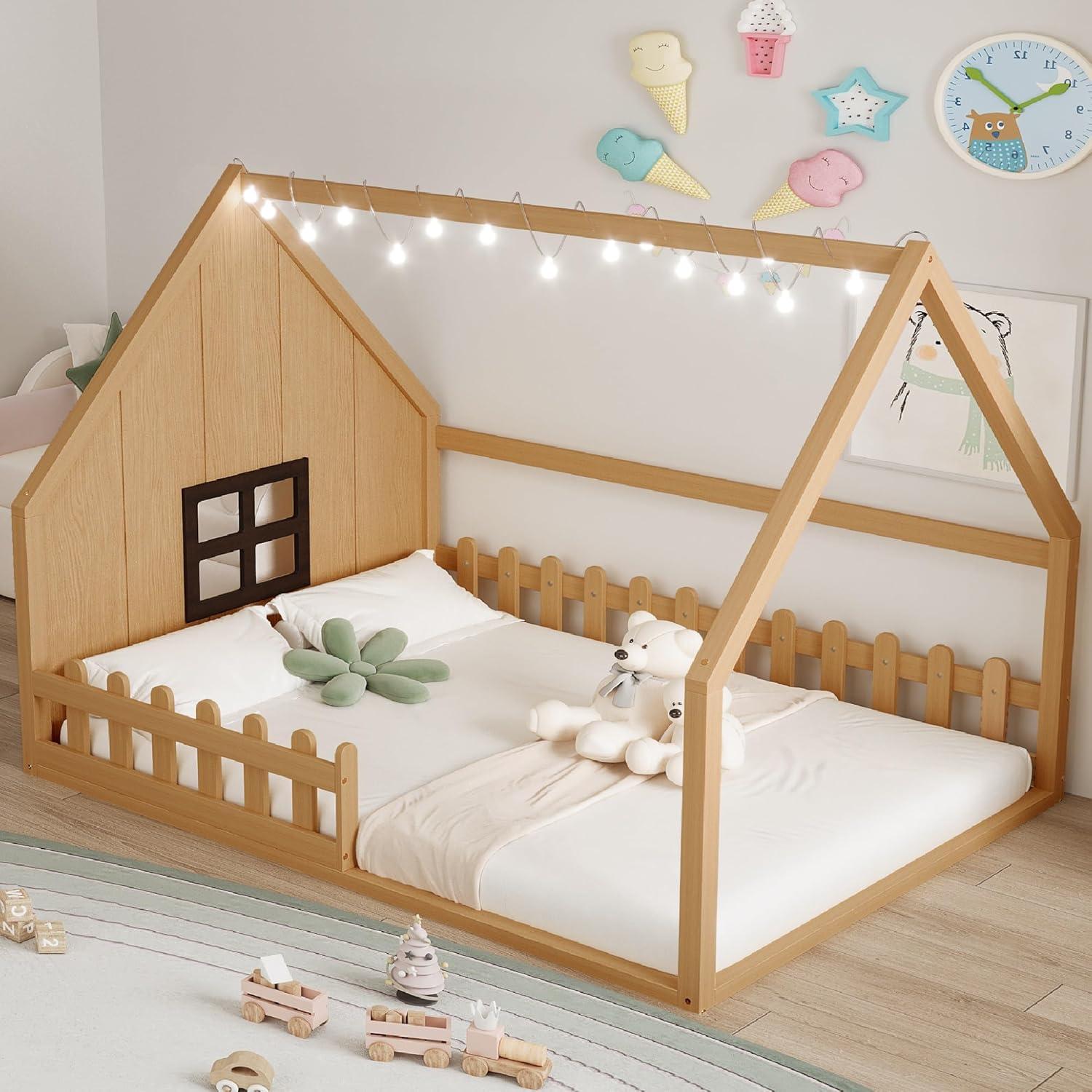 Cama Montessori Completa Merax con Luz LED y Cerca de Madera