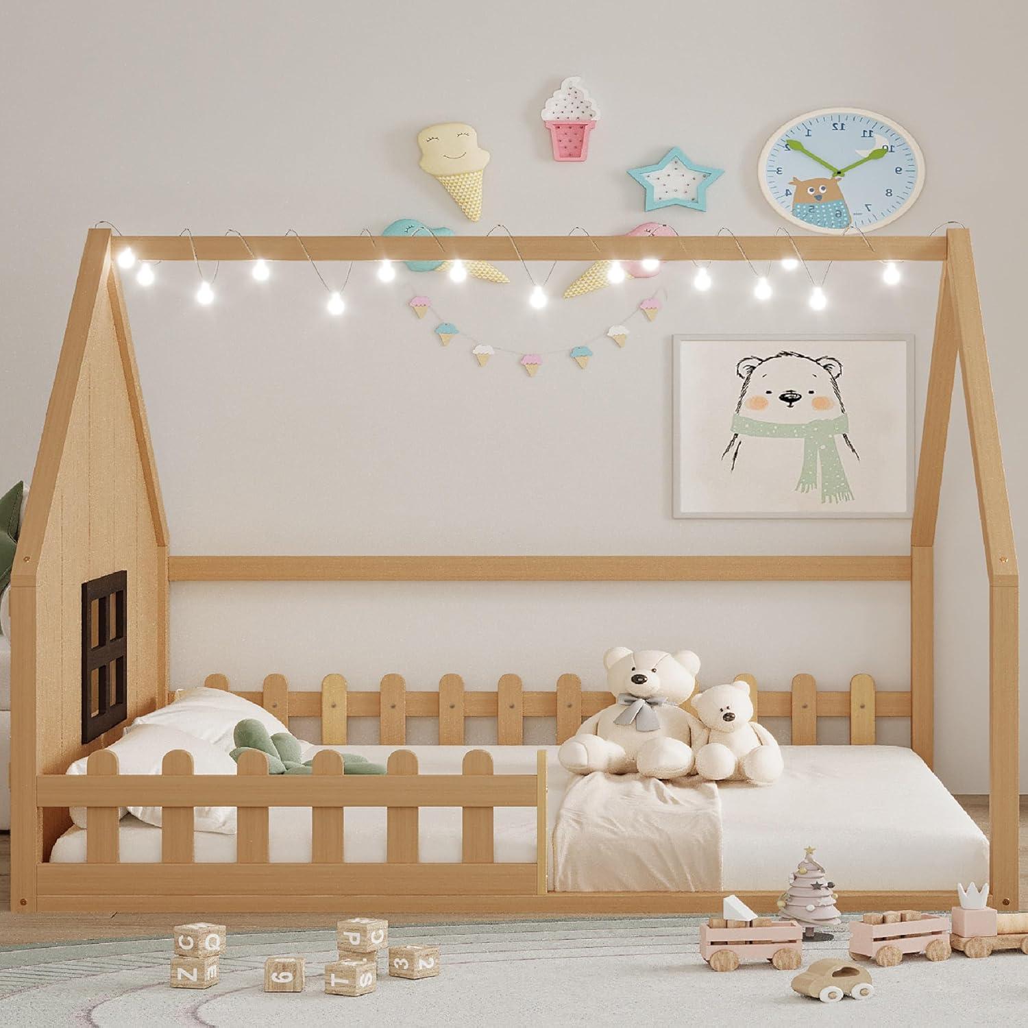 Cama Montessori Completa Merax con Luz LED y Cerca de Madera
