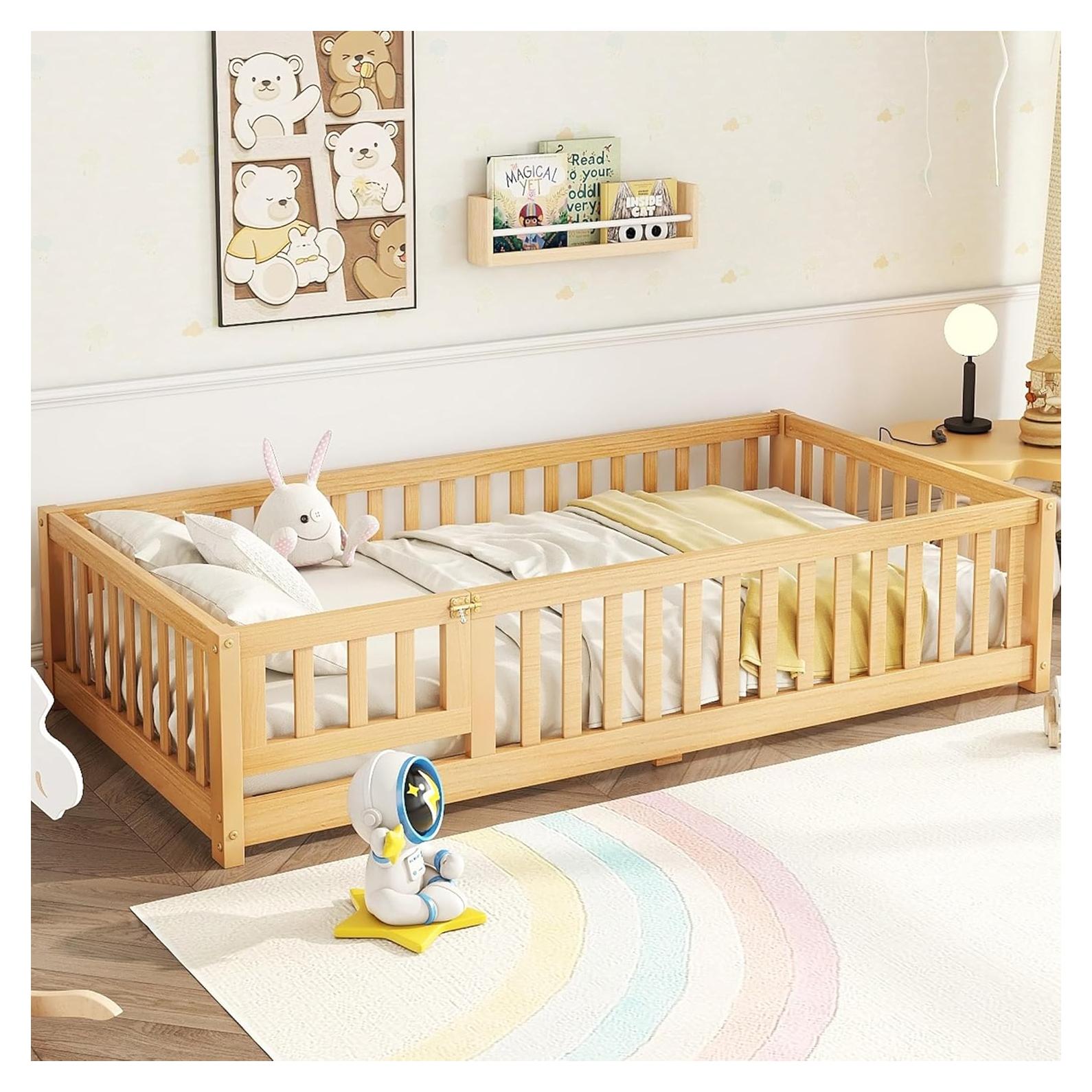 Cama de Piso Twin Bellemave con Listones y Barandilla Natural