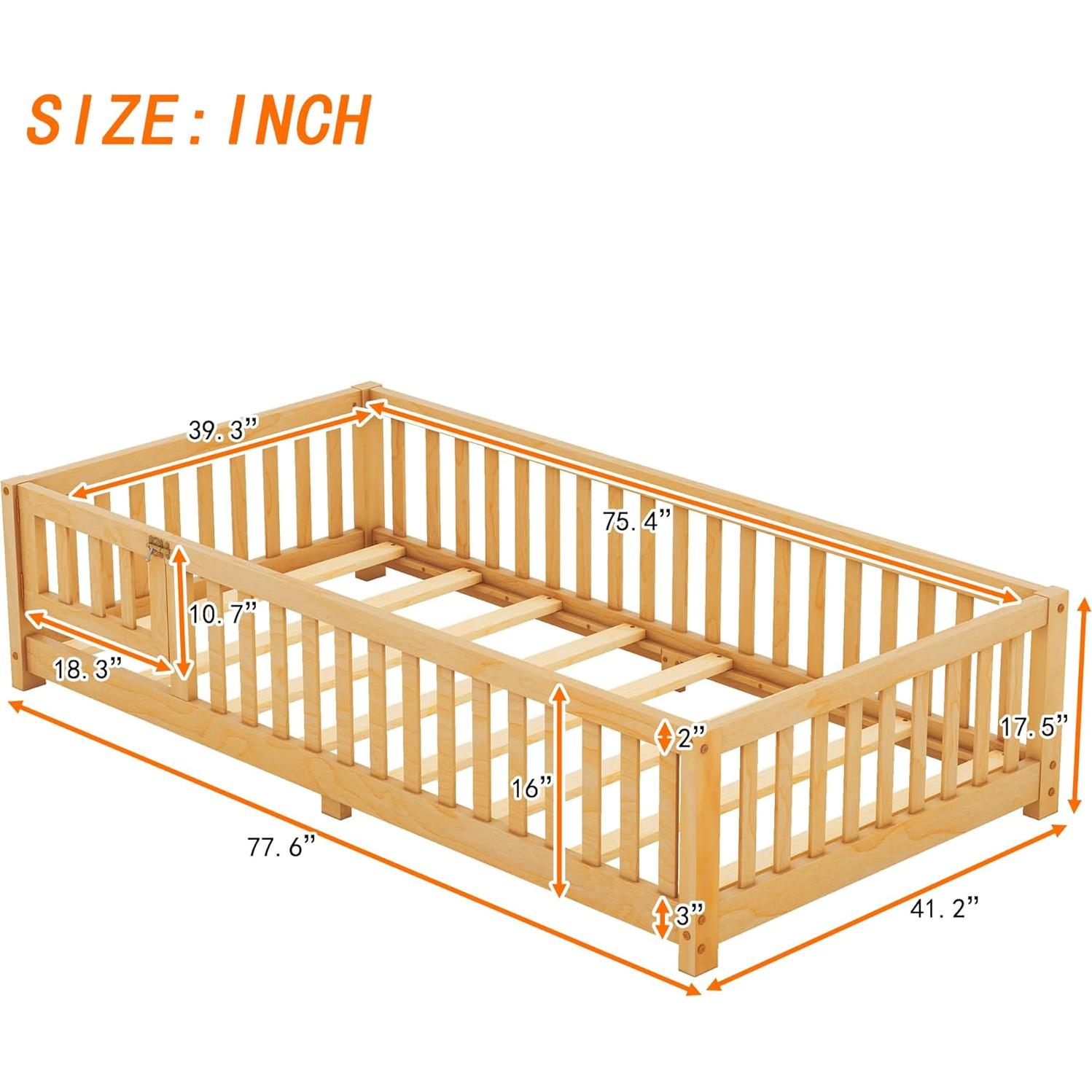 Cama de Piso Twin Bellemave con Listones y Barandilla Natural