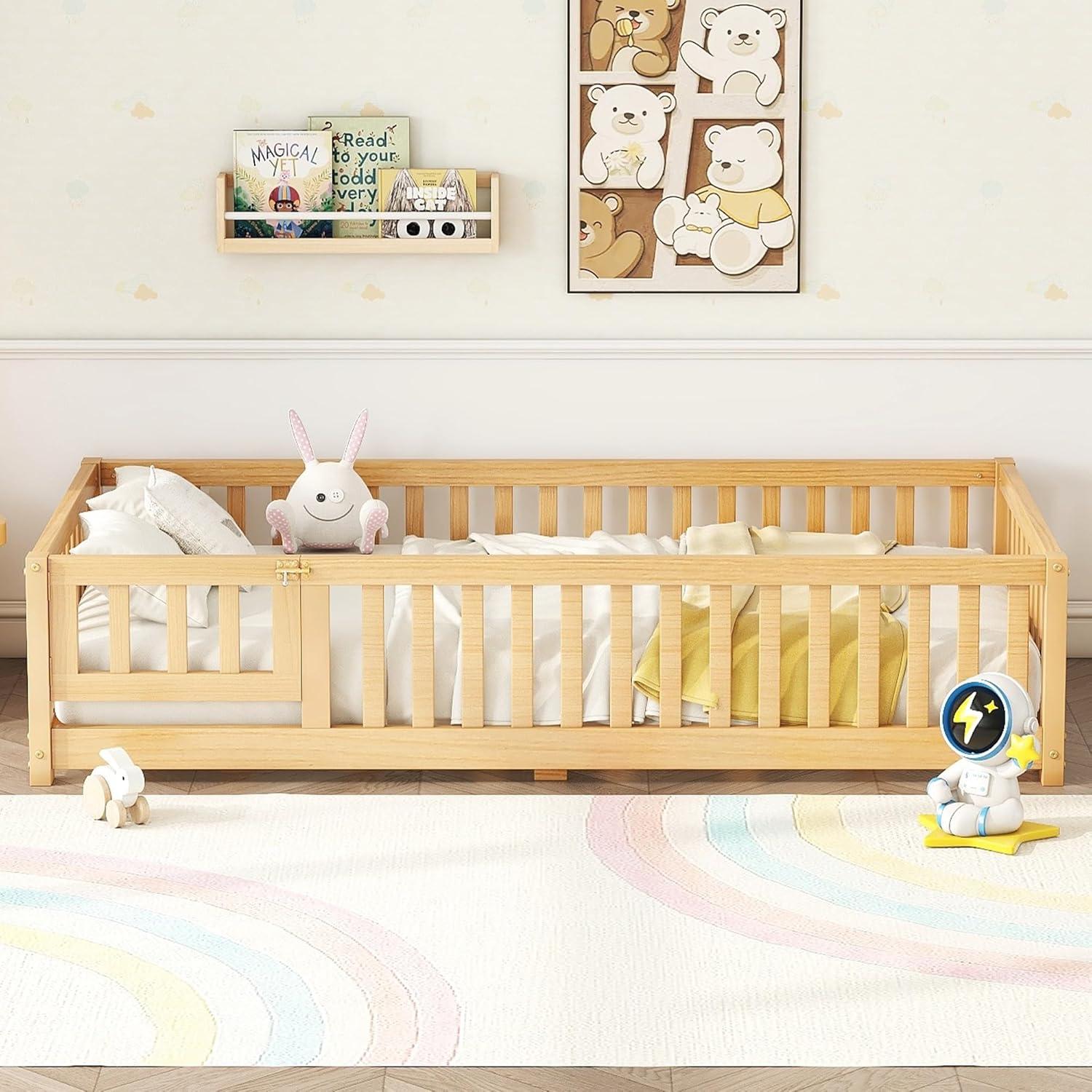 Cama de Piso Twin Bellemave con Listones y Barandilla Natural