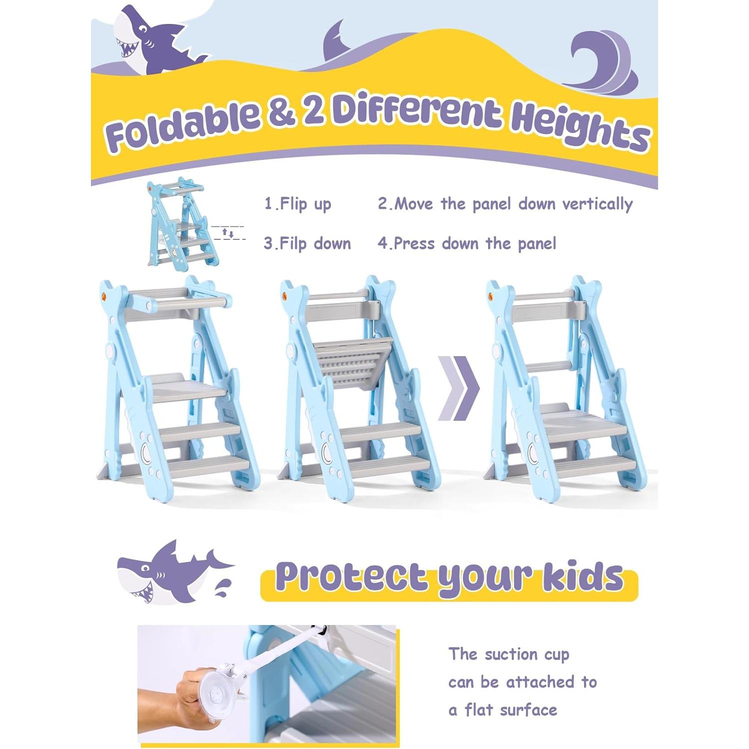 Torre Plegable para Niños VBABY, Taburete Ajustable Azul